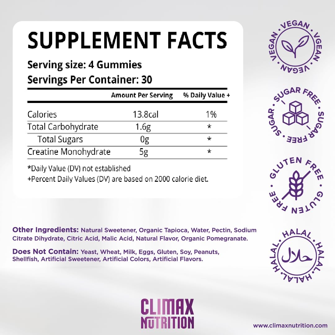 CLIMAX NUTRITION Creatine Monohydrate Gummies on a table with fresh blueberries