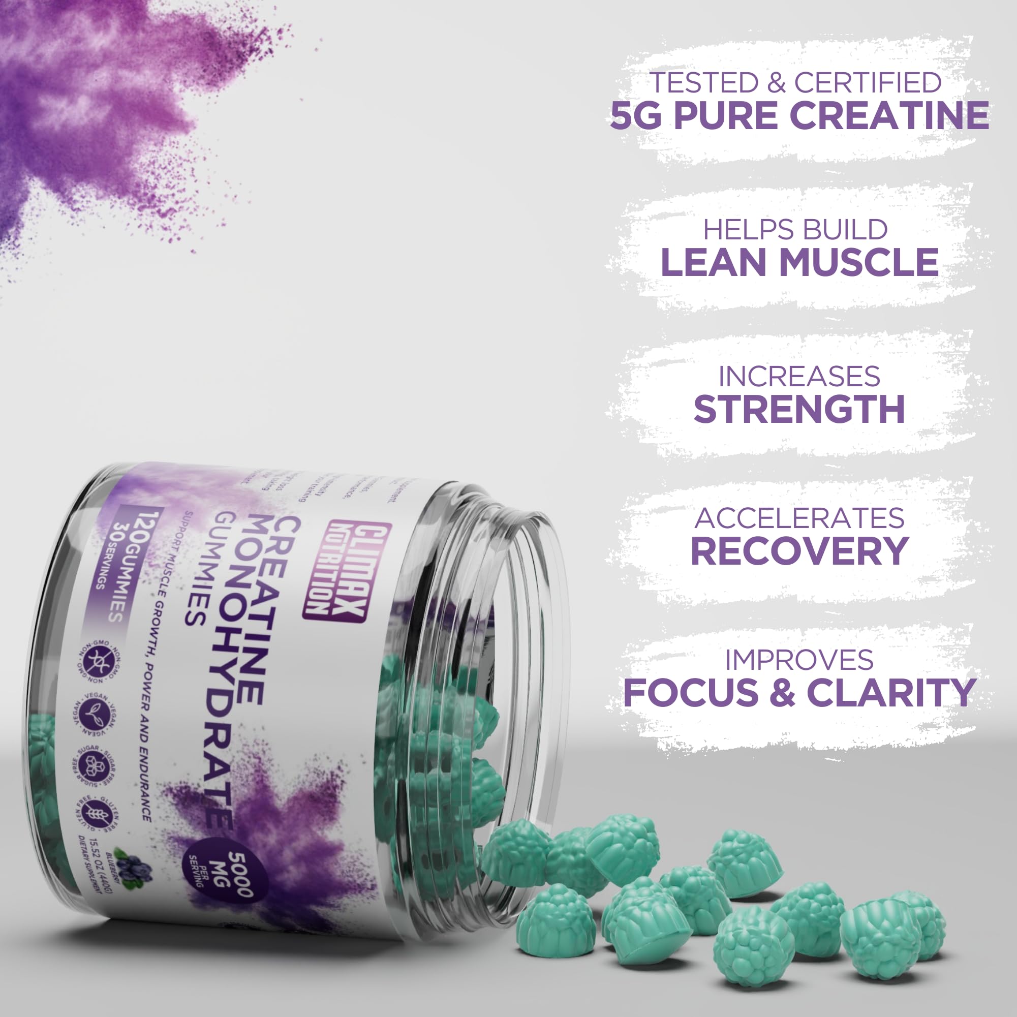 CLIMAX NUTRITION Creatine Monohydrate Gummies side view with nutritional information