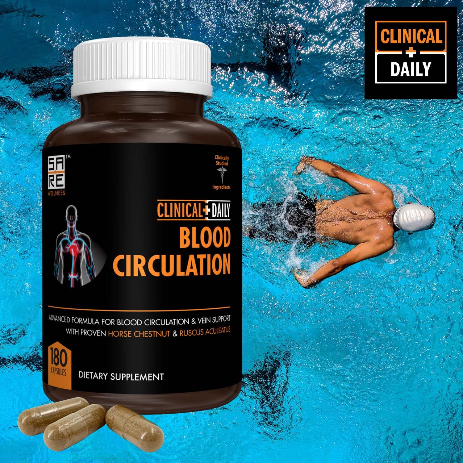Clinical Daily Blood Circulation Supplement capsules on a wooden table