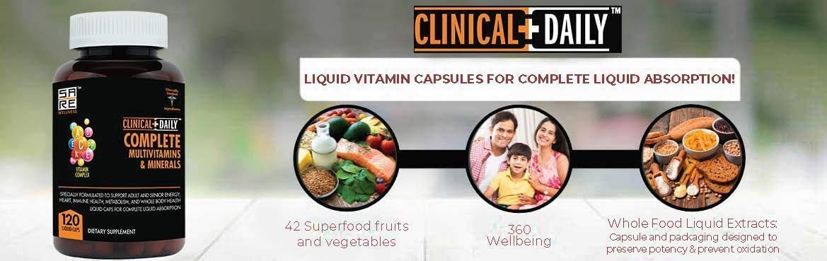 Clinical Daily Multivitamin LiquiCaps displayed with fresh fruits and vegetables