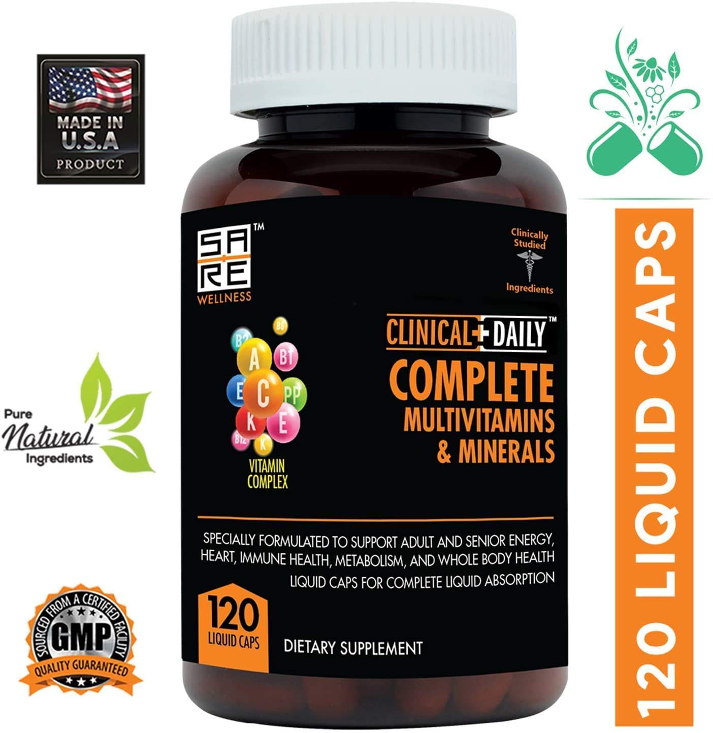 Clinical Daily Multivitamin LiquiCaps side view with nutritional information