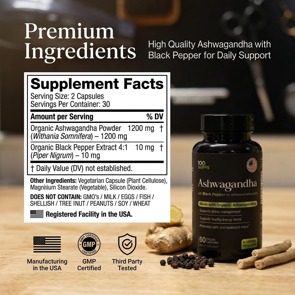 Close-up of 100 Supps Organic Ashwagandha capsules