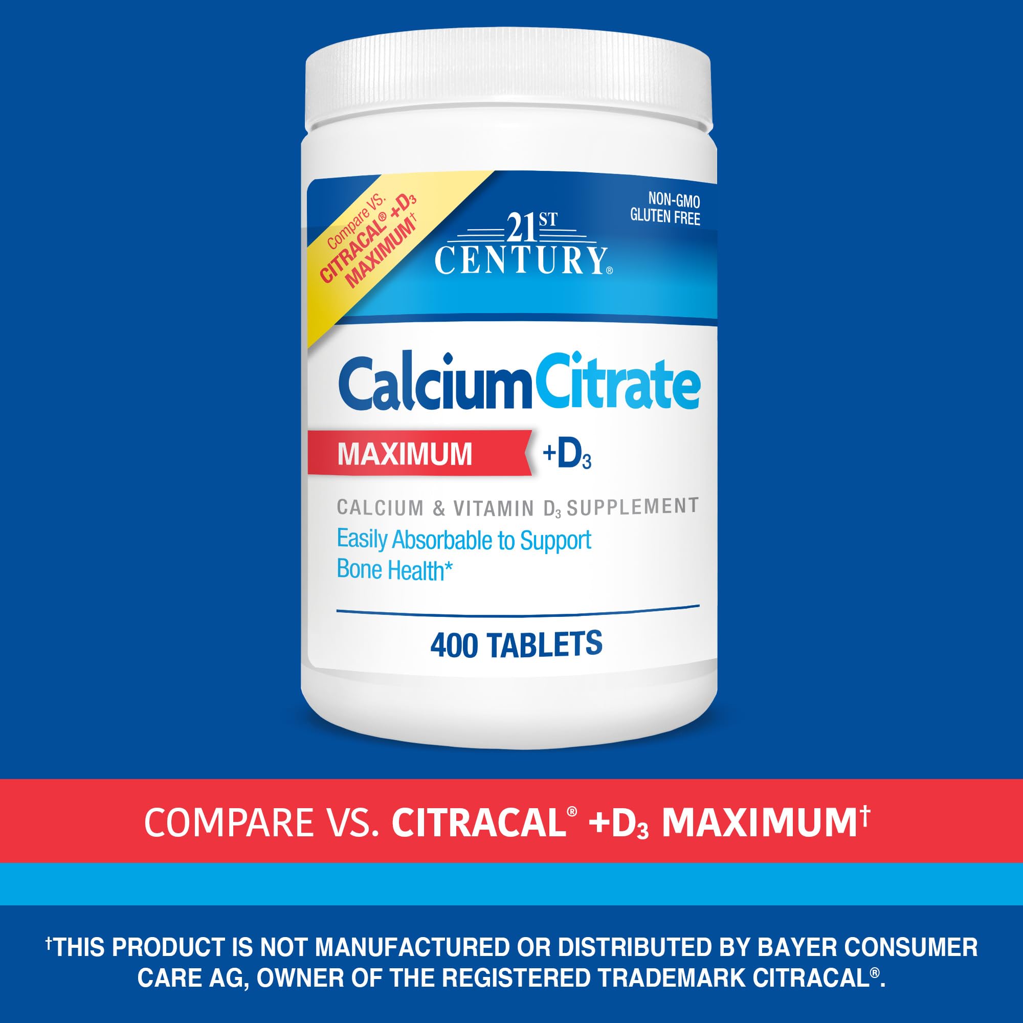 Close-up of 21st Century Calcium Citrate Plus D3 tablets