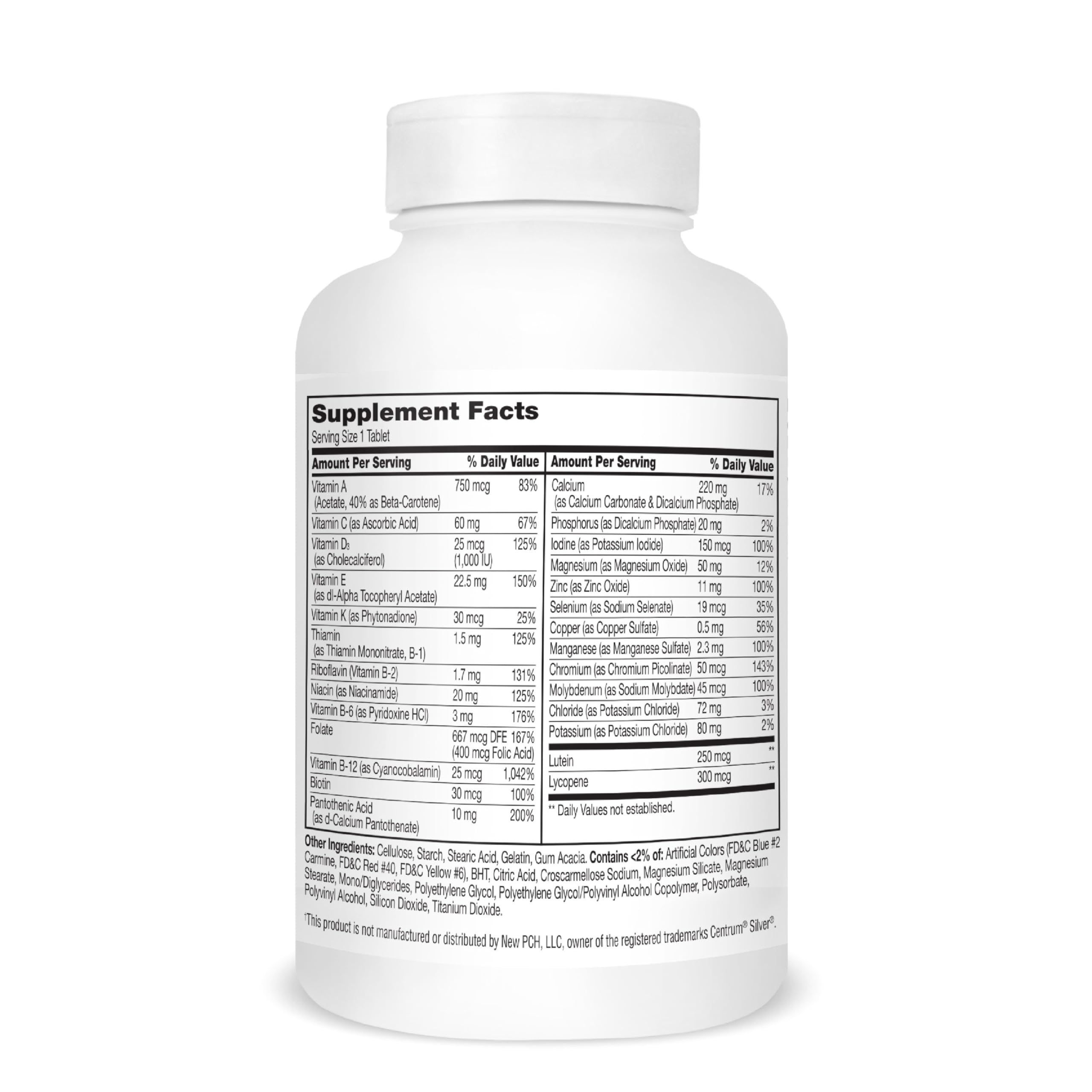 Close-up of 21st Century Sentry Senior Tablets with nutritional information