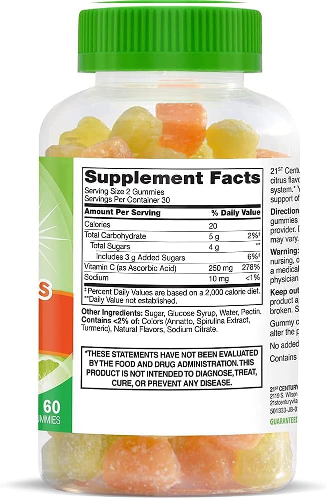 Close-up of 21st Century VitaJoy Daily C Gummies showing citrus flavour