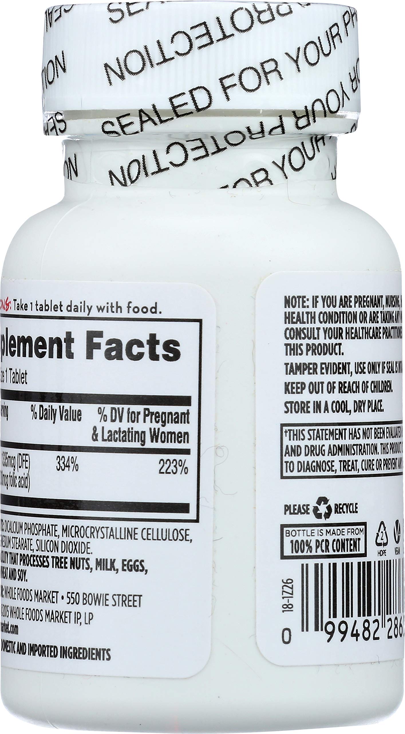 Close-up of 365 by Whole Foods Market Folic Acid 800mcg tablets