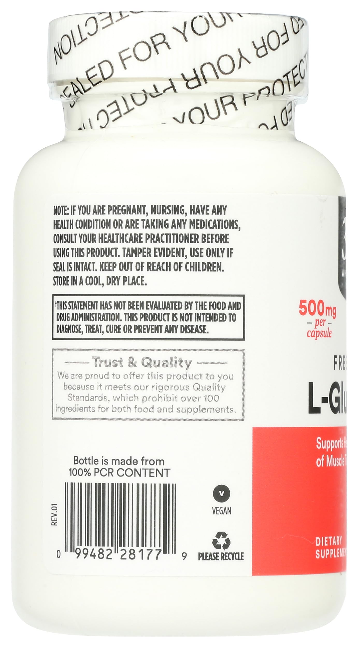Close-up of 365 by Whole Foods Market L-Glutamine 500mg vegetarian capsules