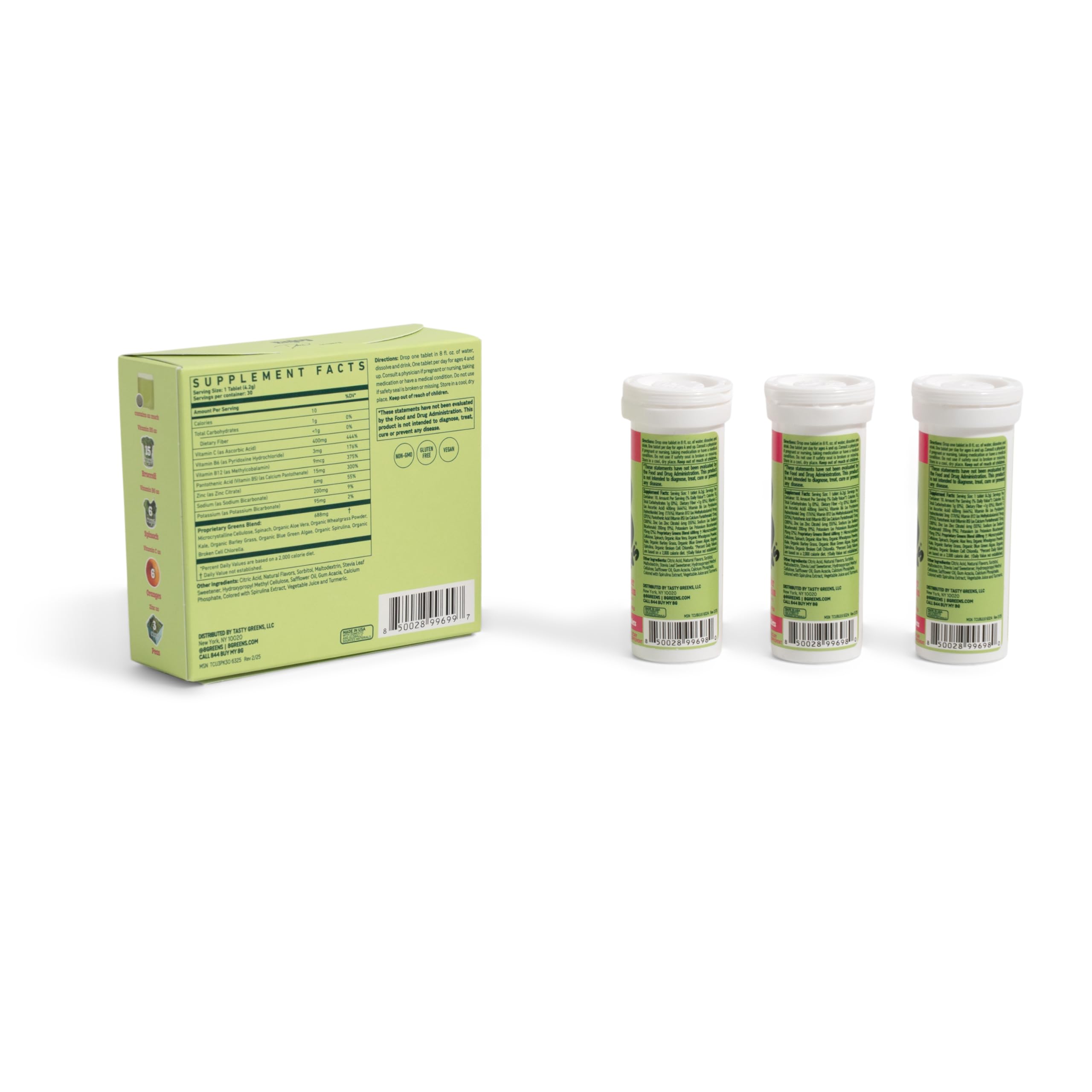 Close-up of 8Greens Super Greens Tablets showing individual tablets
