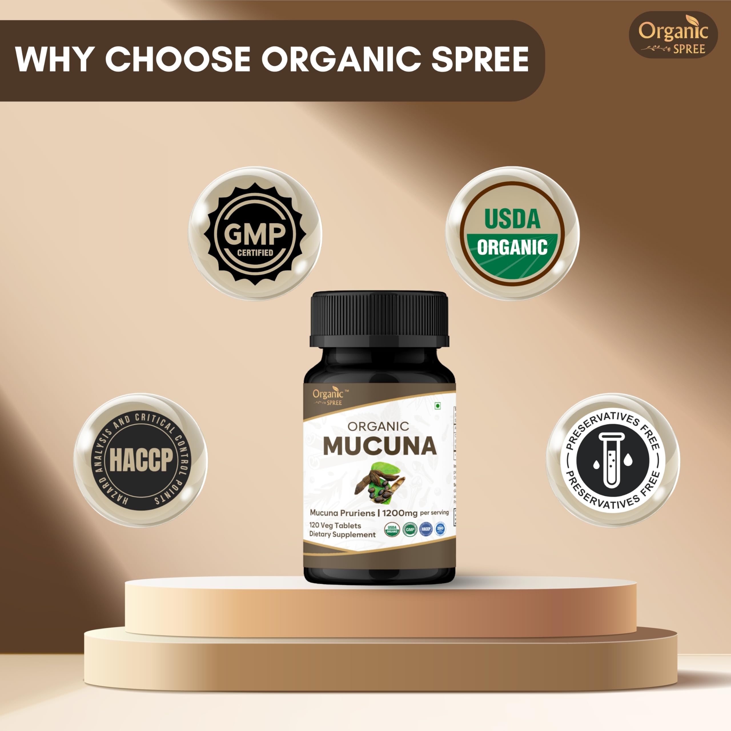 Close-up of a single ORGANIC SPREE Mucuna Pruriens Tablet