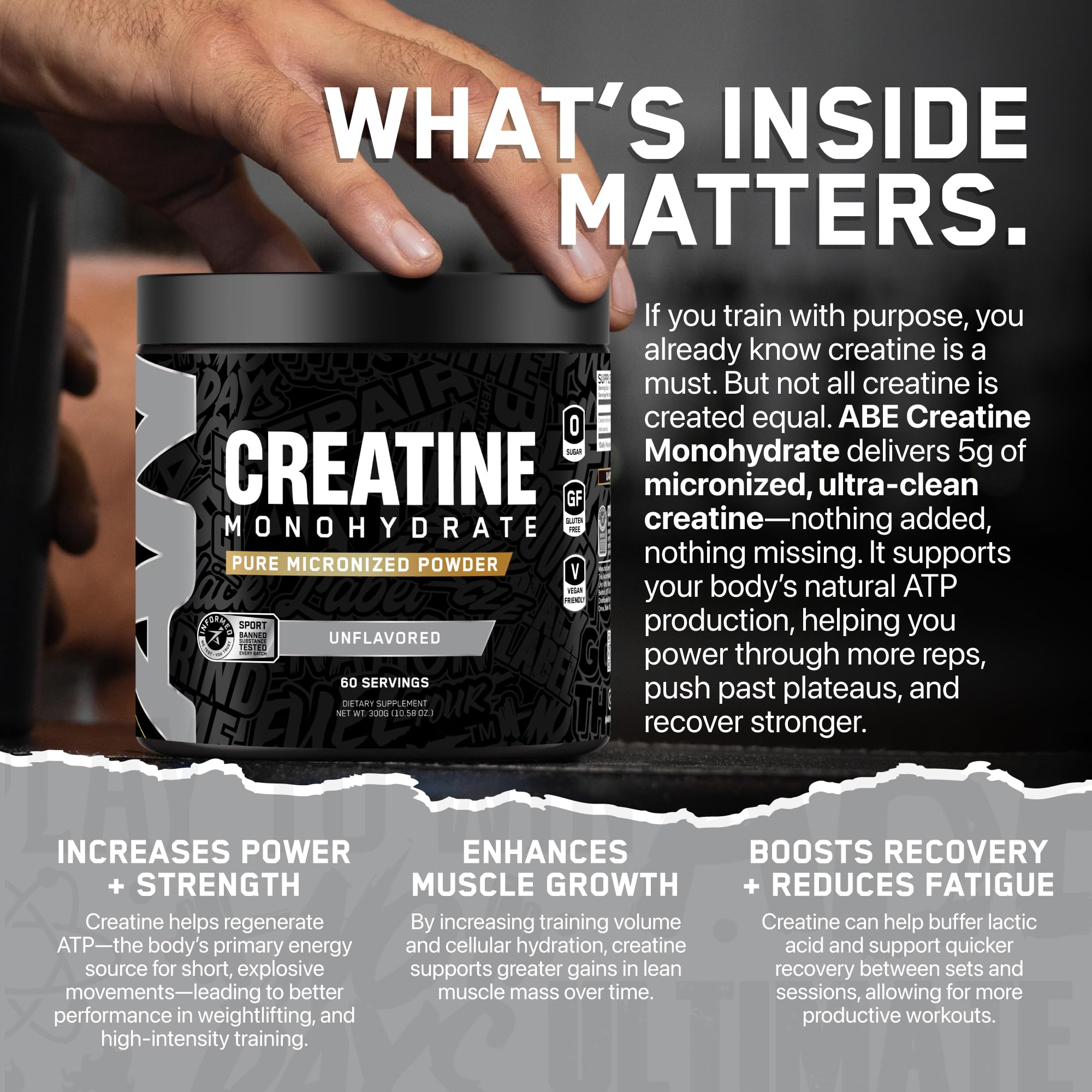 Close-up of ABE Creatine Monohydrate powder texture