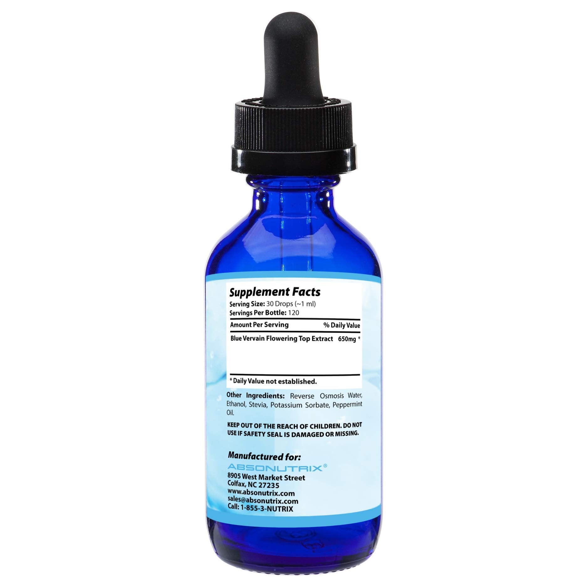 Close-up of Absonutrix Blue Vervain Flowering Top Extract liquid dosage dropper