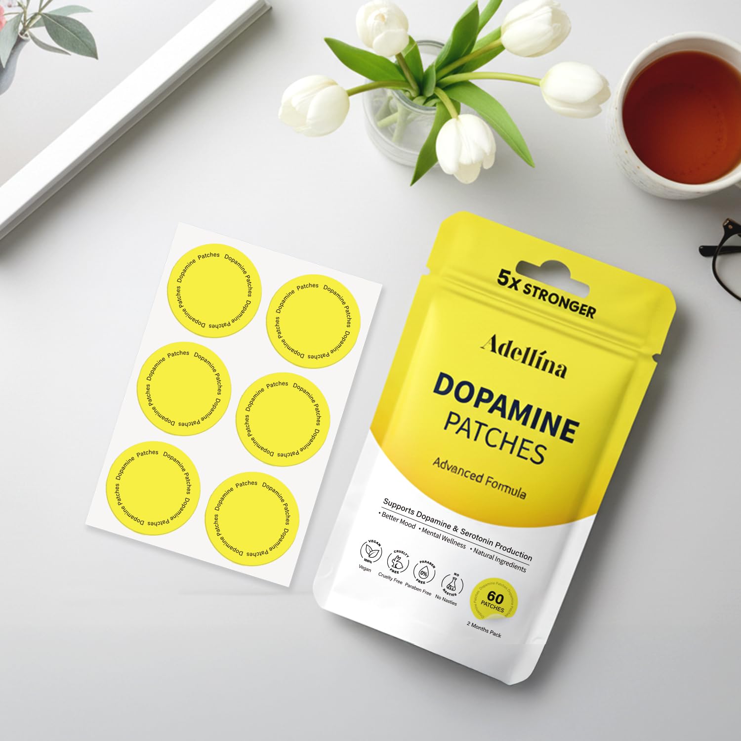 Close-up of Adellina Mood & Wellness Support Patch on skin