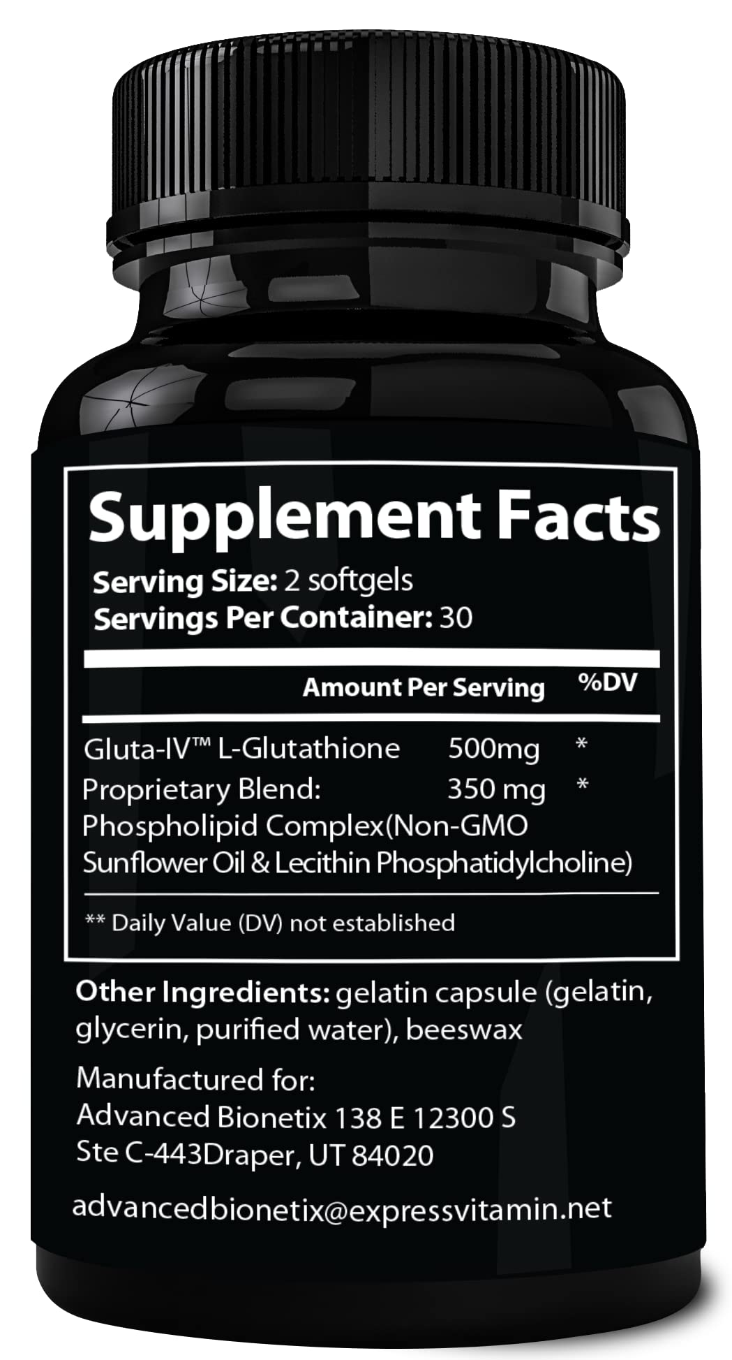 Close-up of Advanced Bionetix Liposomal Glutathione 500mg bottle