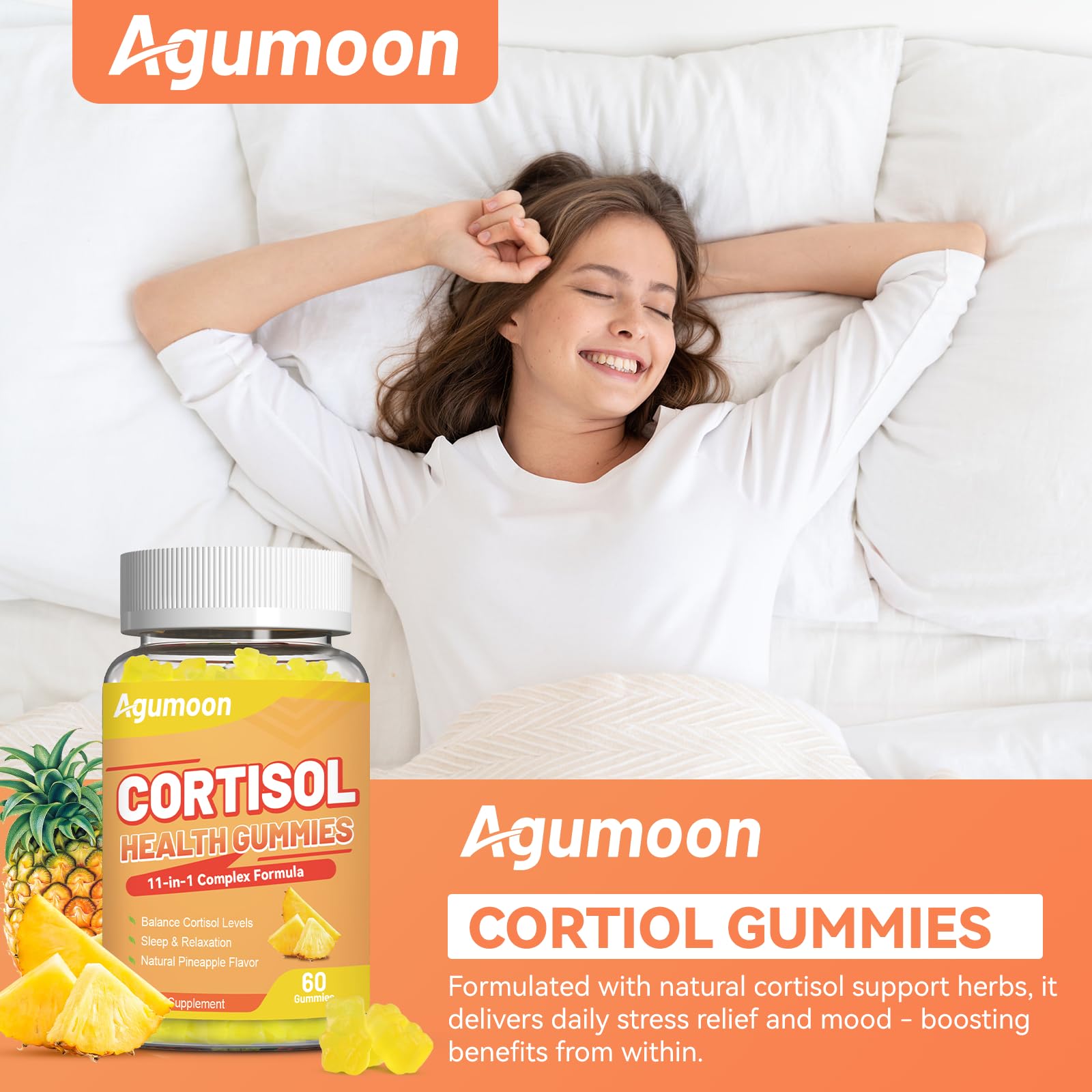 Close-up of Agumoon Cortisol Gummies with pineapple flavour