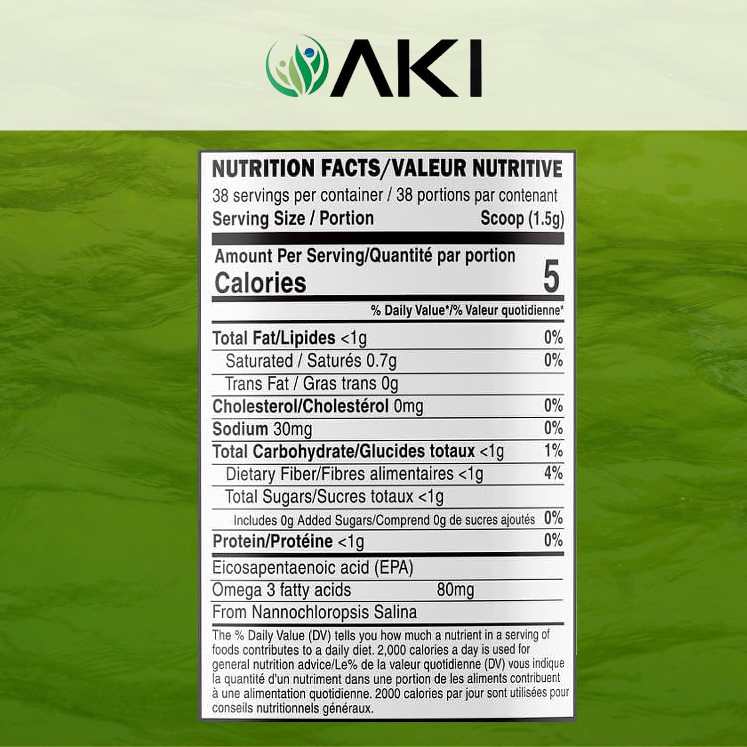 Close-up of AKI ORGANIC Marine Phytoplankton Omega 3 Supplement packaging