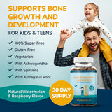 Close-up of Akros Bone & Height Support Gummies showing raspberry-watermelon flavour