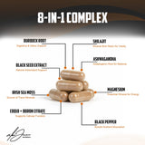 Close-up of Alex Jones Naturals Shilajit Capsules showing capsules