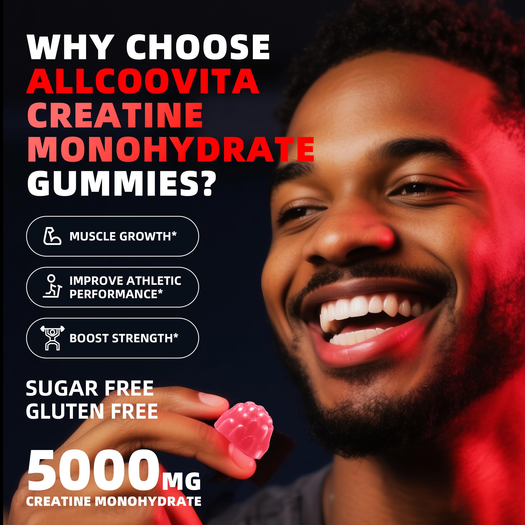 Close-up of Allcoovita Creatine Gummies showing individual gummies