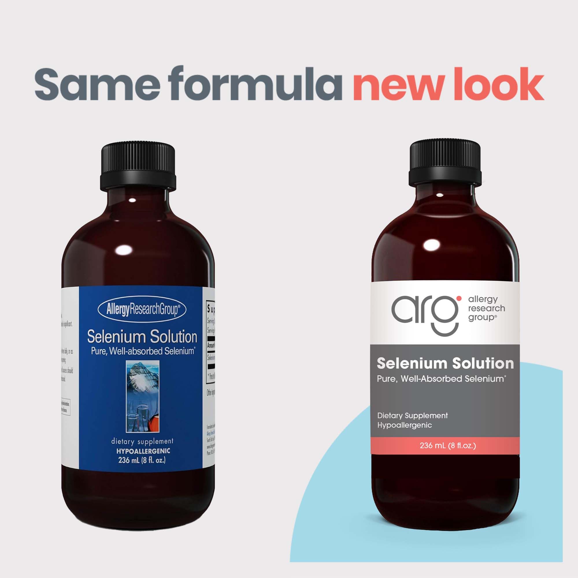 Close-up of Allergy Research Group Selenium Solution liquid with dosage
