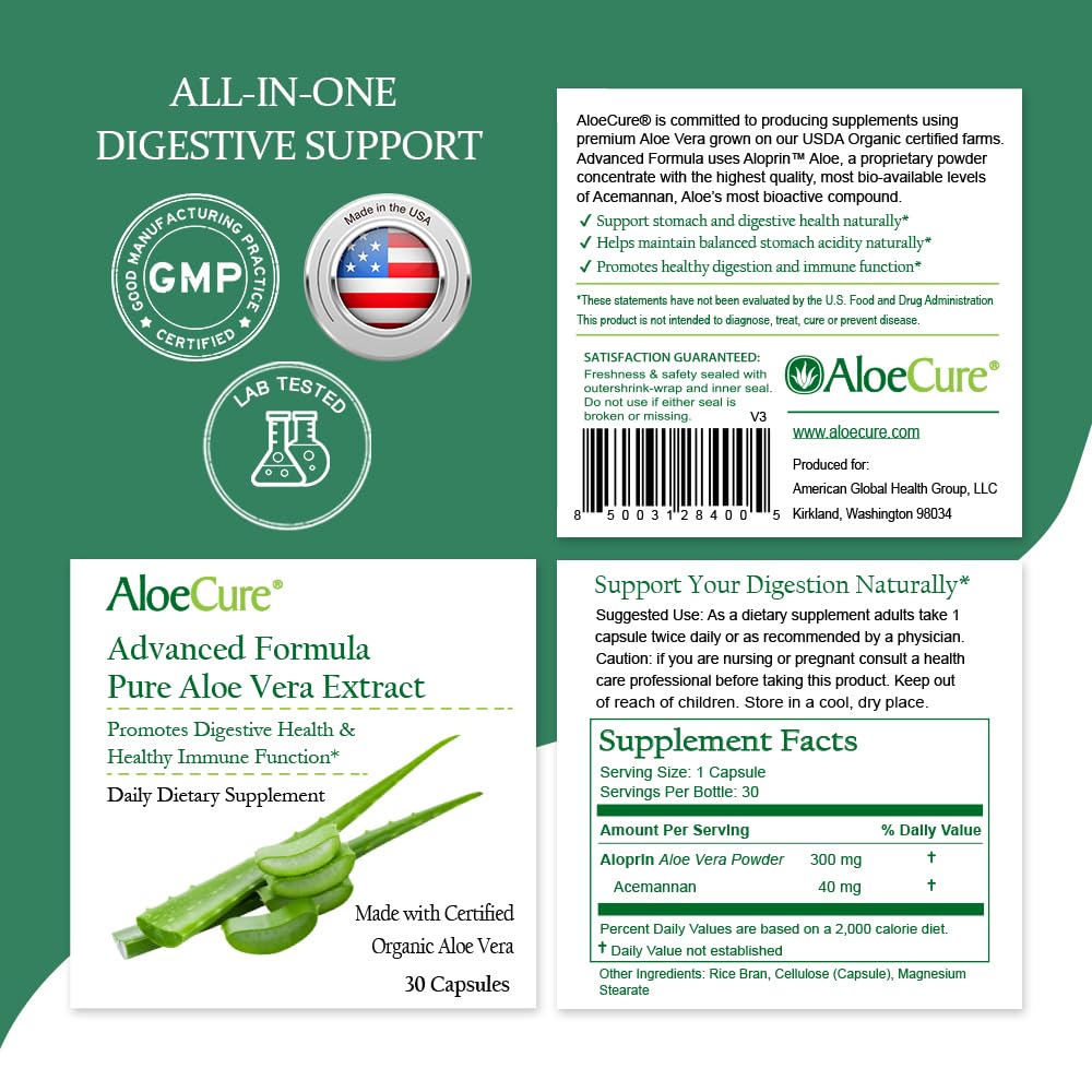 Close-up of AloeCure Organic Aloe Vera capsules
