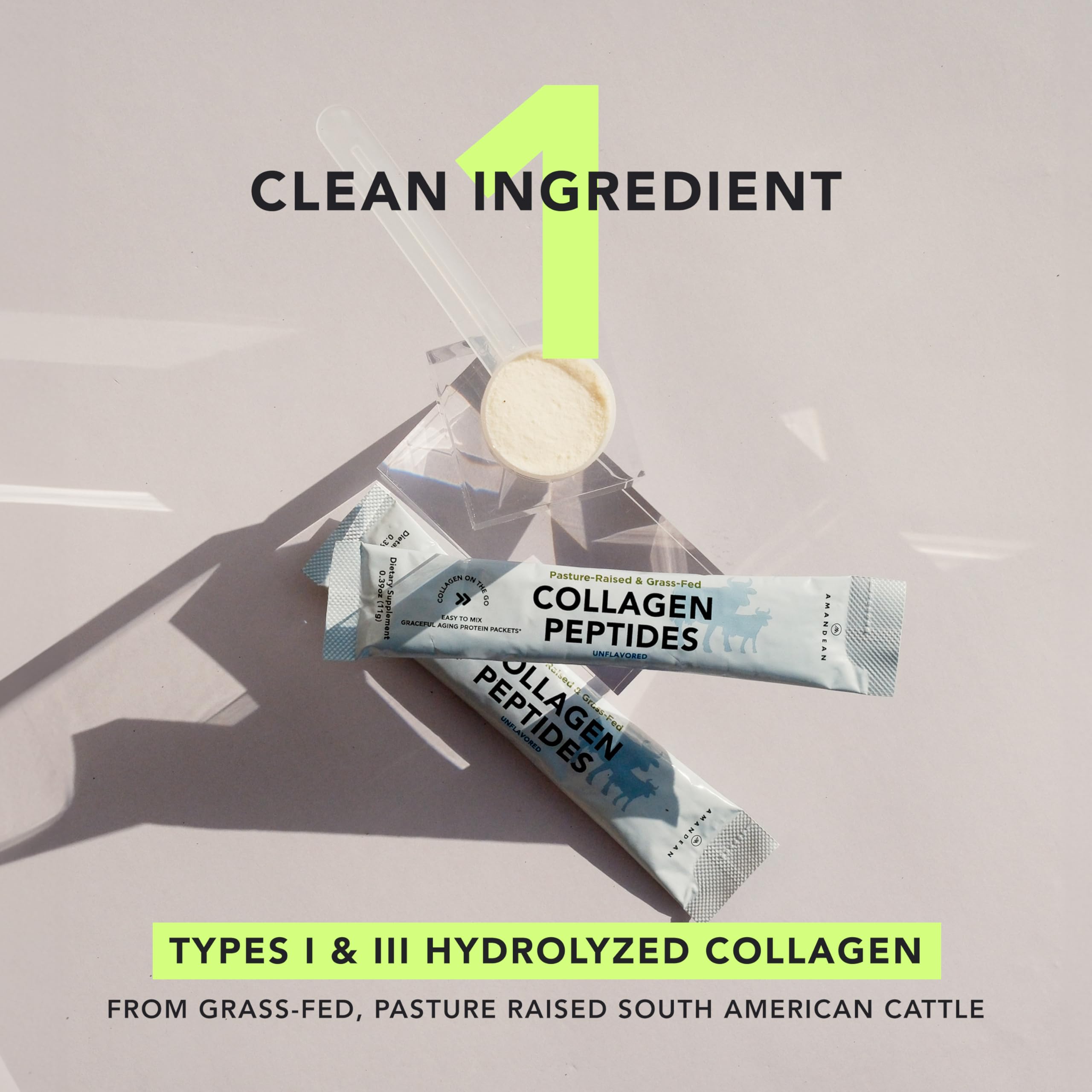 Close-up of AMANDEAN Collagen Hydrolysate Powder travel packets