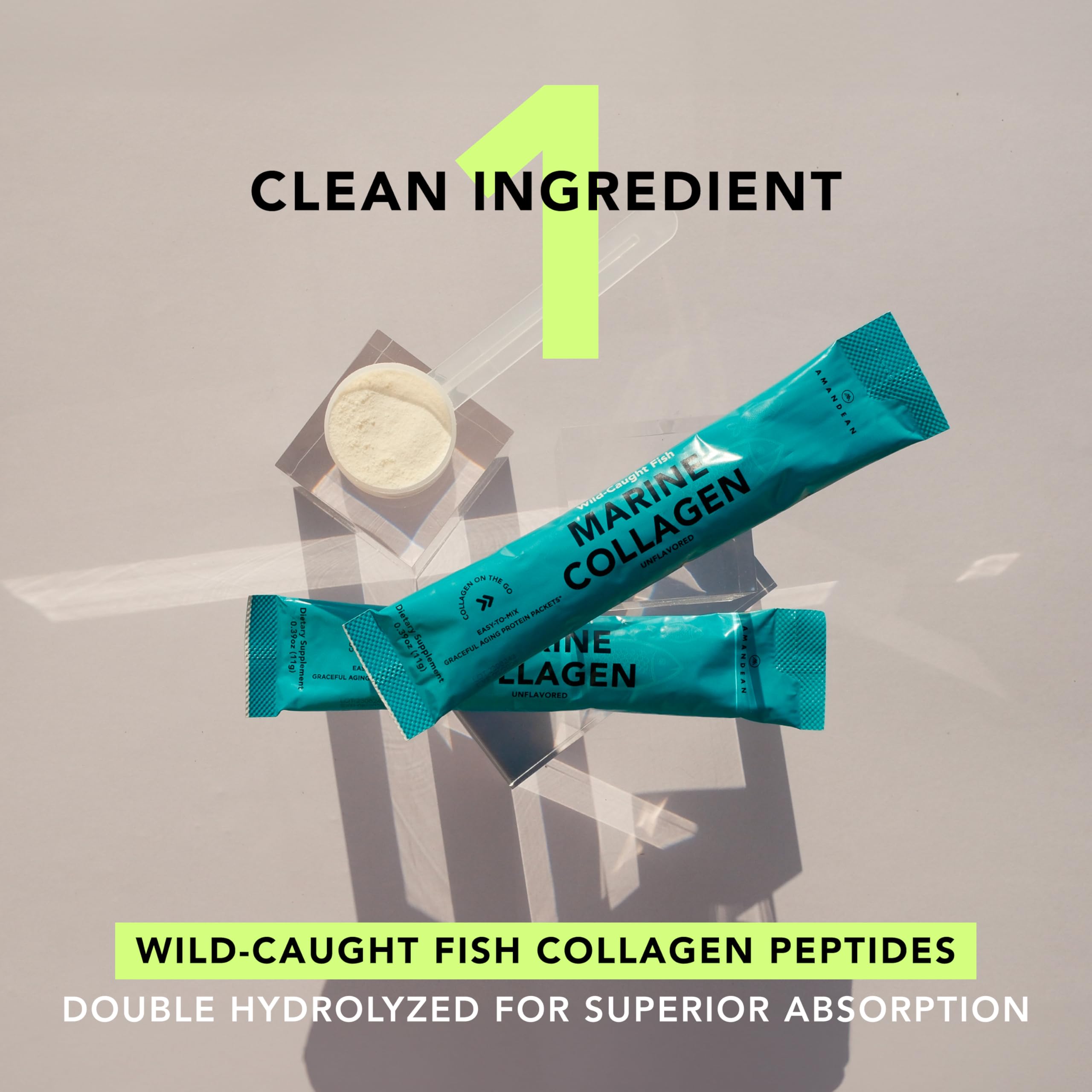 Close-up of AMANDEAN Marine Collagen Packets showing individual servings