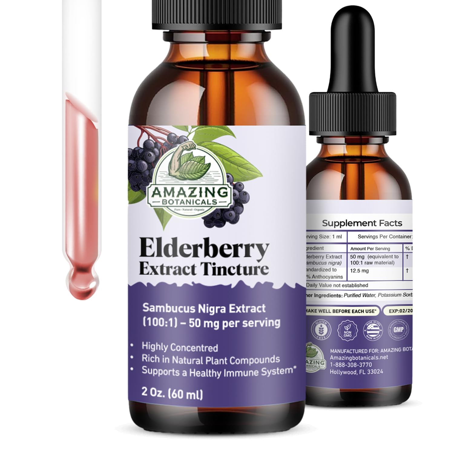 Close-up of Amazing Botanicals Elderberry Tincture bottle with dropper