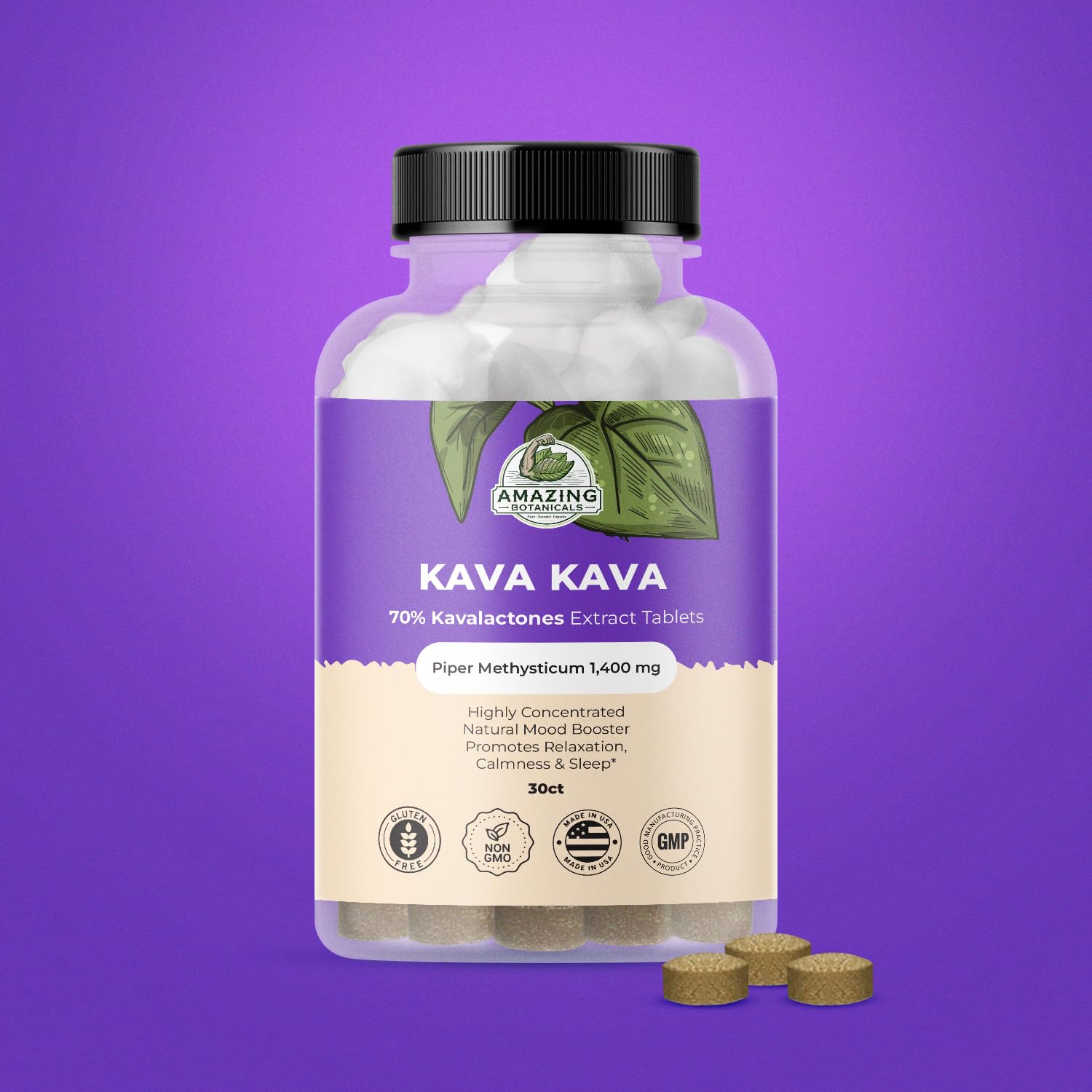 Close-up of Amazing Botanicals Kava Kava Tablets showing details