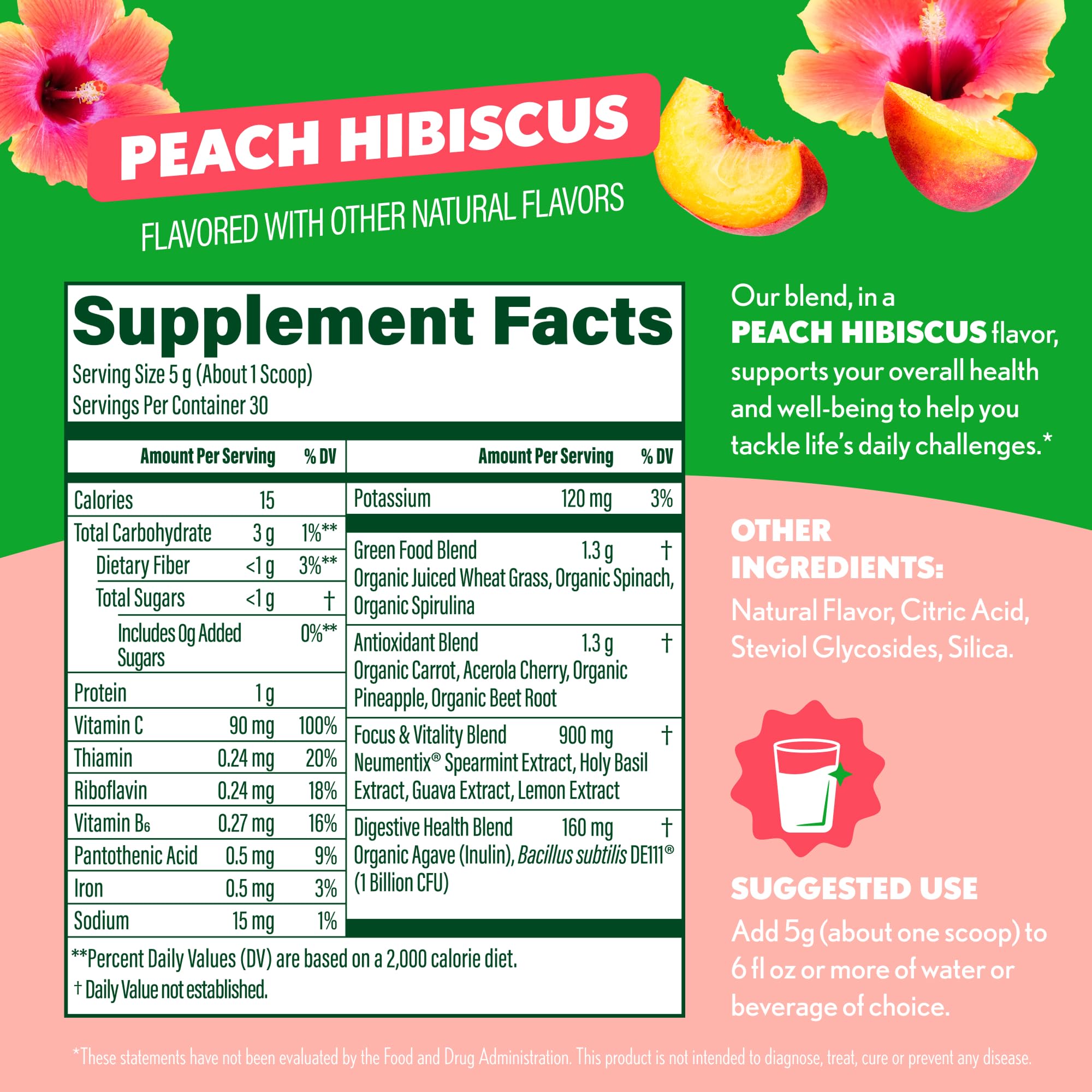 Close-up of Amazing Grass Sweet Greens Blend Powder Peach Hibiscus