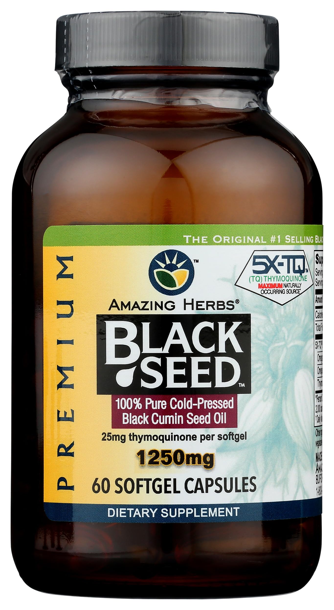 Close-up of Amazing Herbs Black Seed Oil Capsules