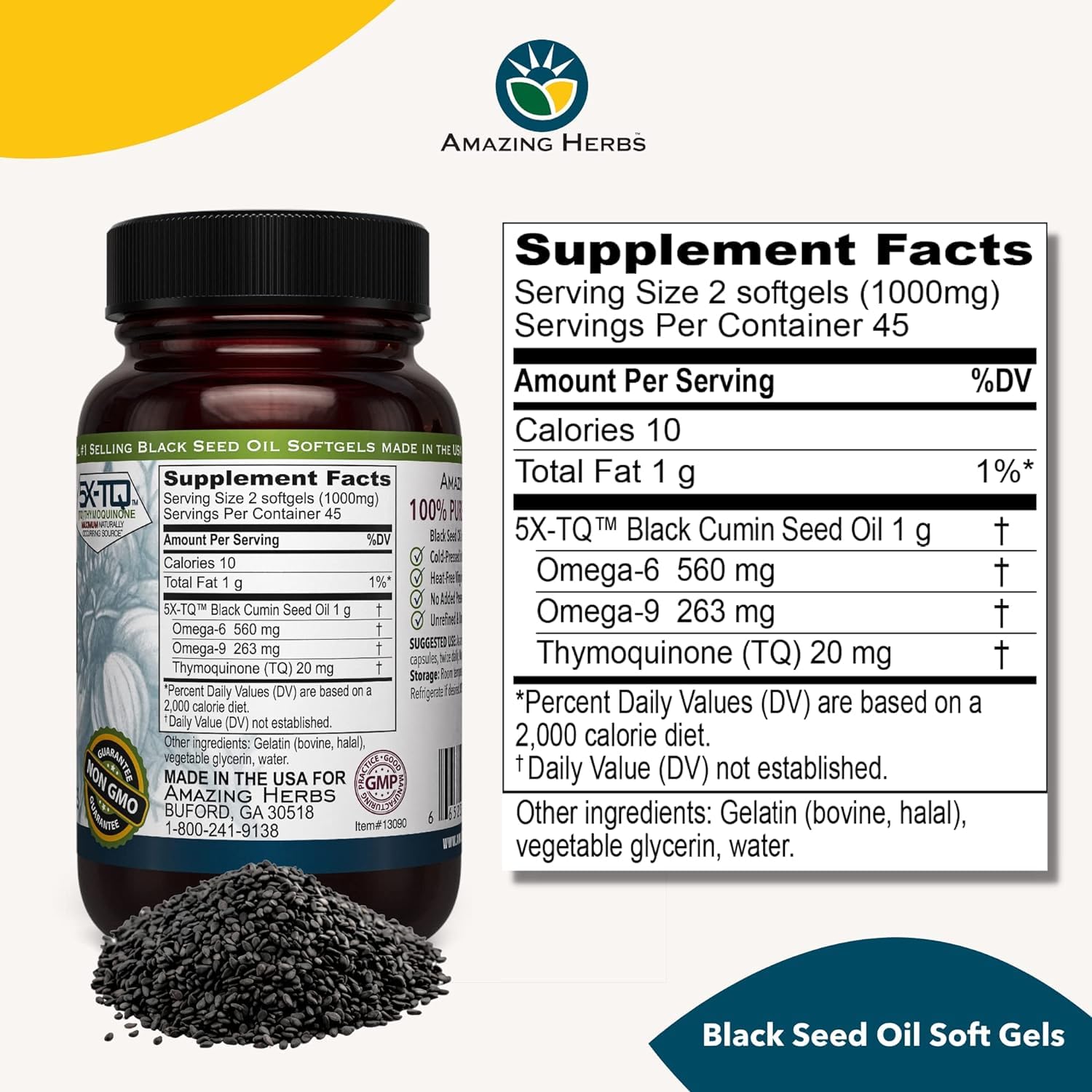 Close-up of Amazing Herbs Black Seed Oil Capsules showing capsule size