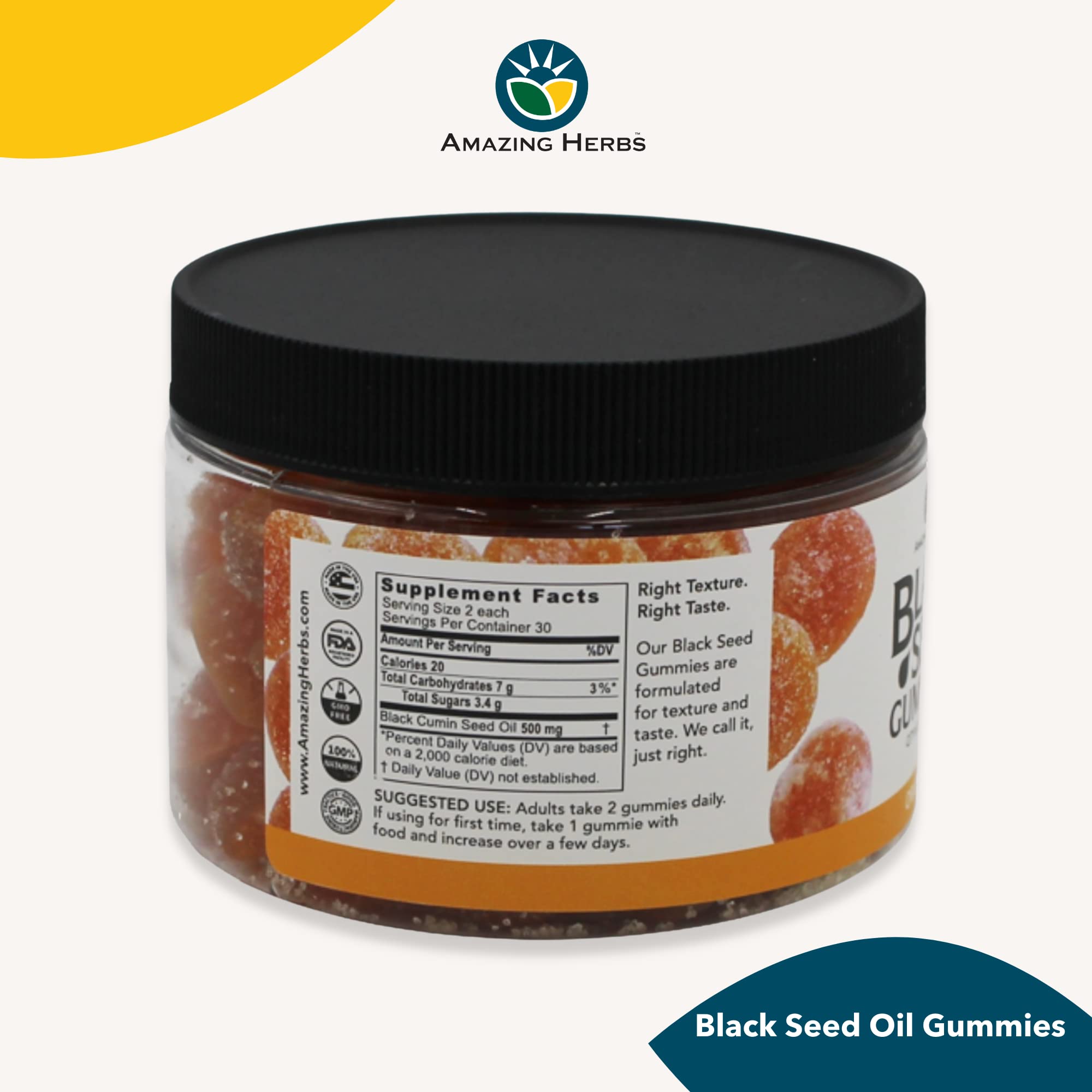 Close-up of Amazing Herbs Black Seed Oil Gummies showing texture