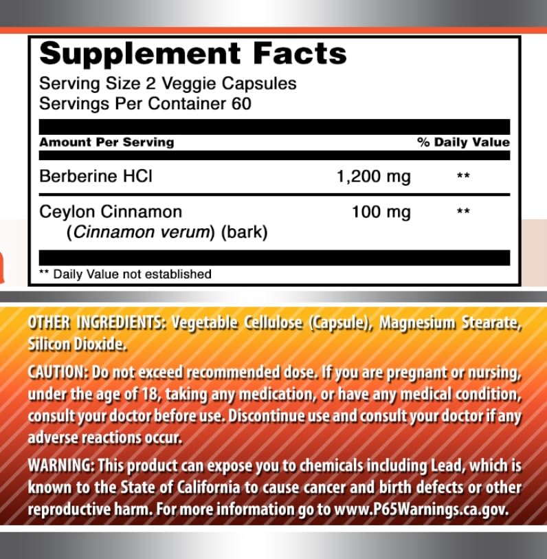 Close-up of Amazing Nutrition Berberine 1200mg with Ceylon Cinnamon ingredients list