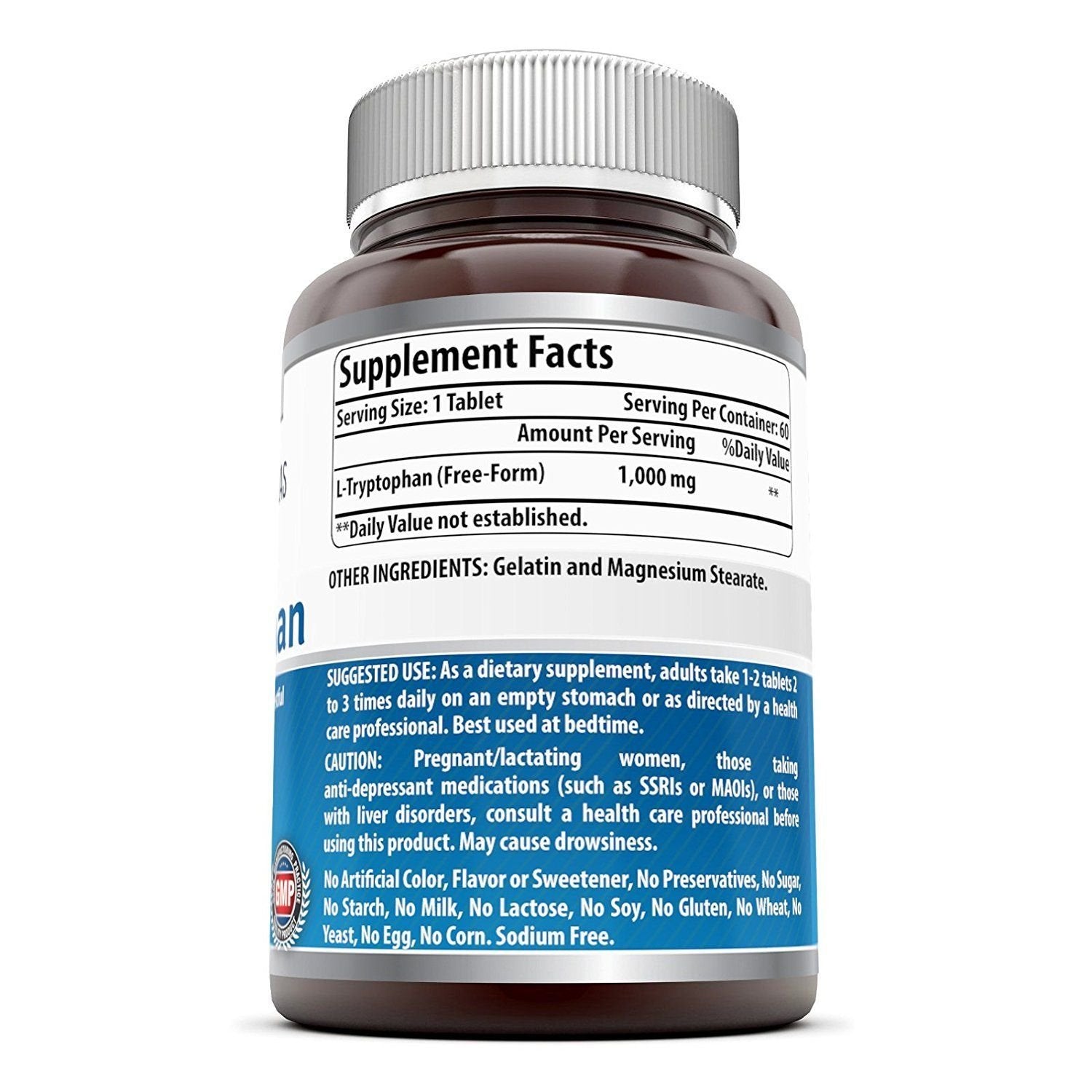 Close-up of Amazing Nutrition L-Tryptophan 1000mg Tablets showing tablet size and shape