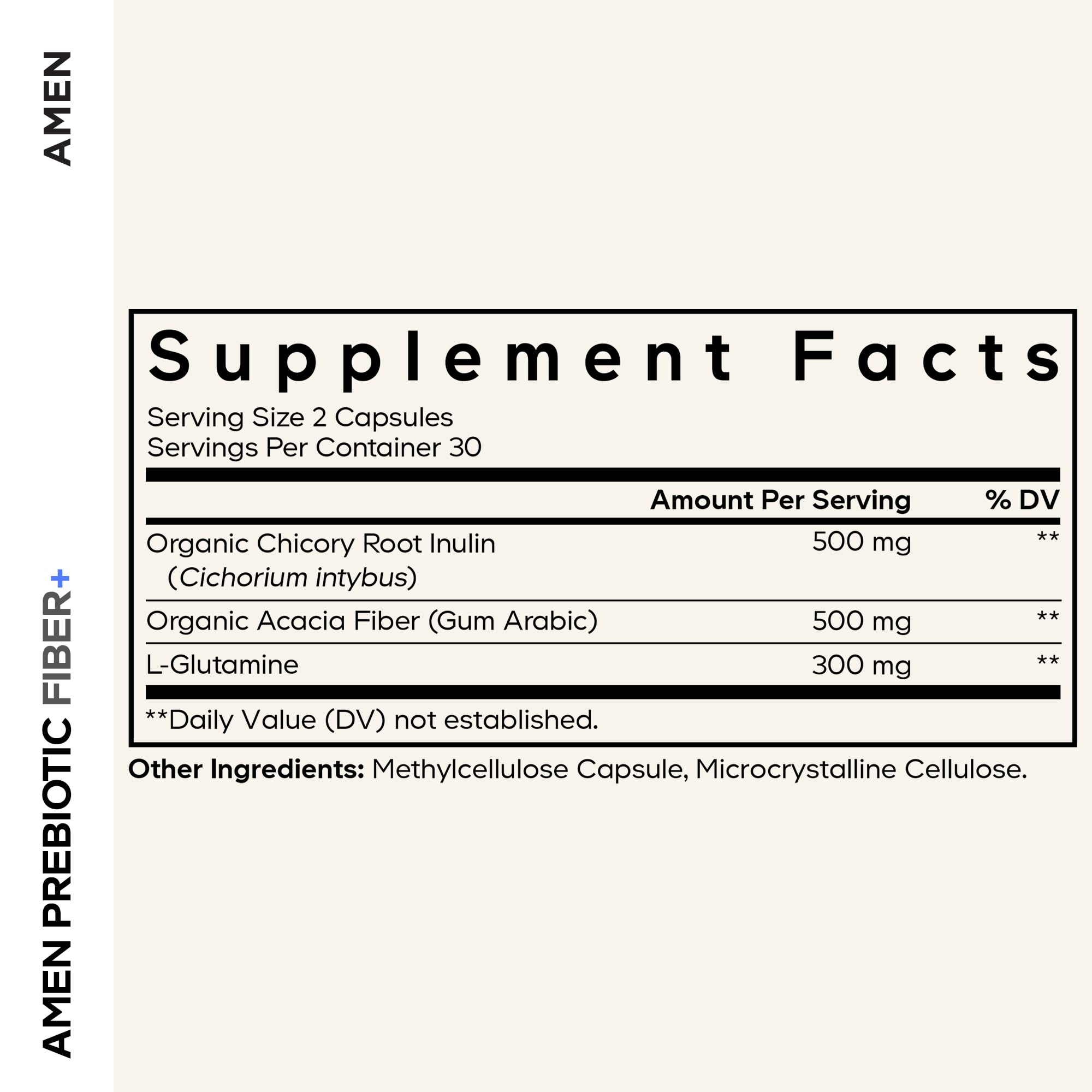 Close-up of Amen Prebiotic Fiber Capsules showing organic ingredients