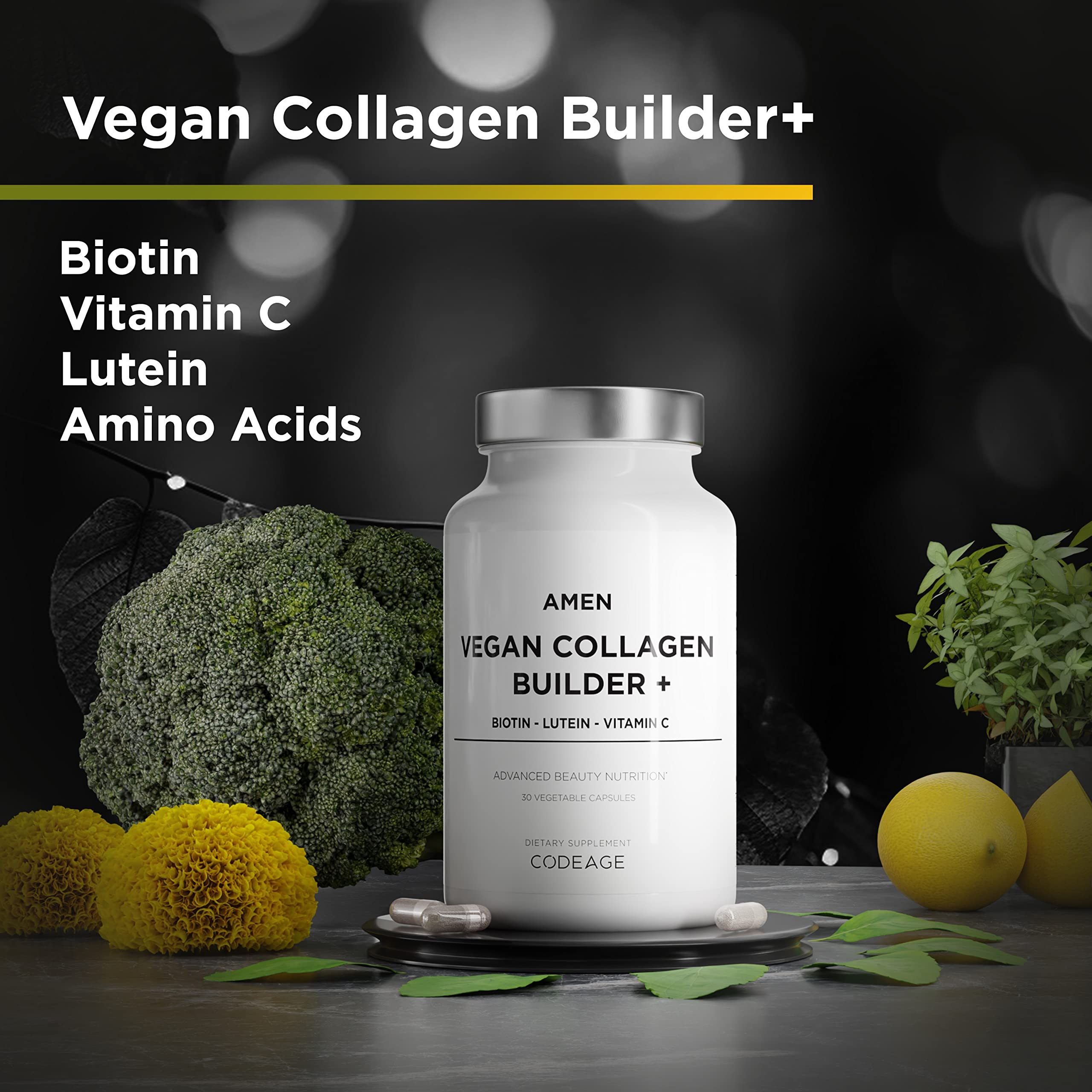 Close-up of Amen Vegan Collagen Builder capsules