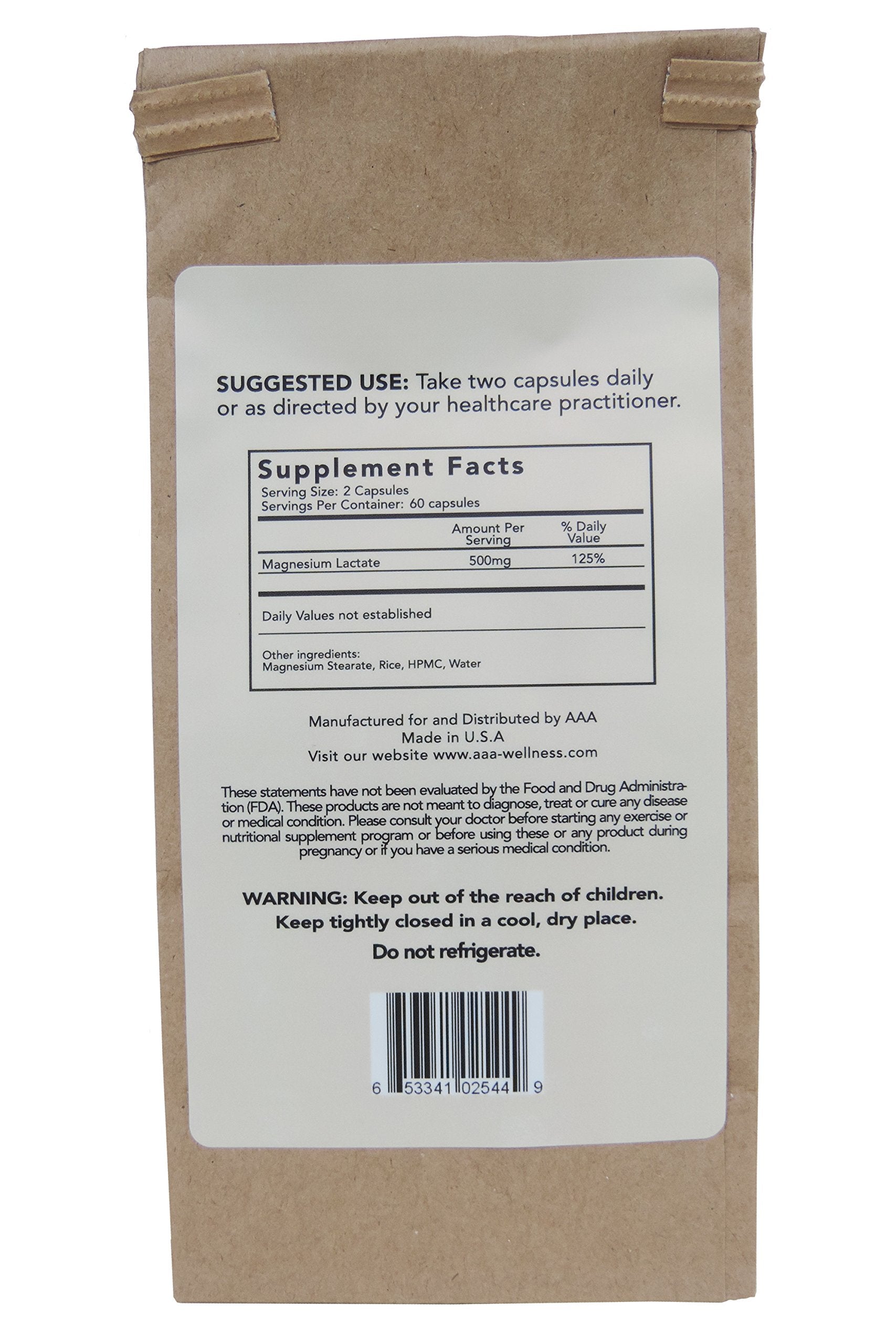 Close-up of American Anti Aging Magnesium Lactate 500mg capsules