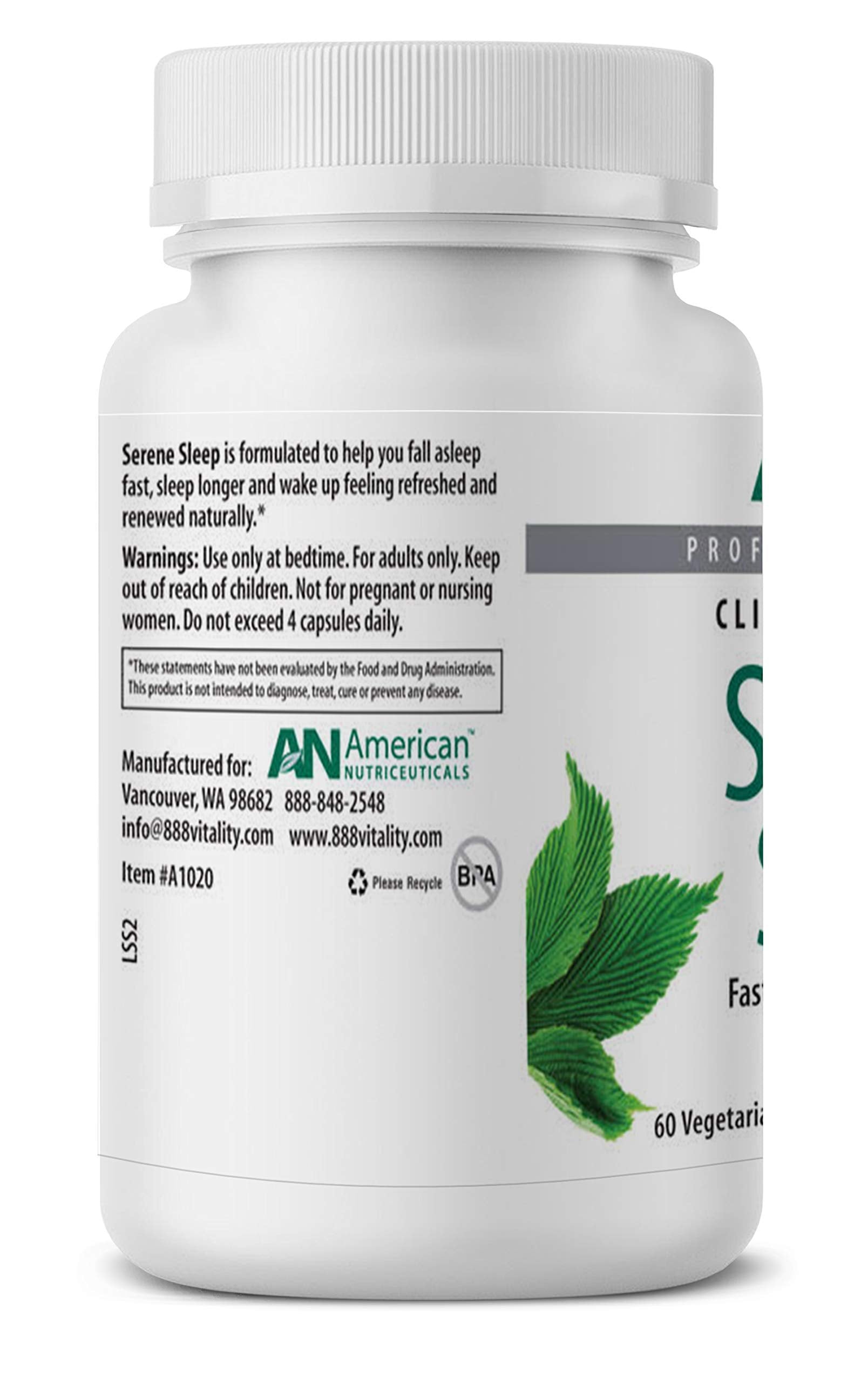 Close-up of American Nutriceuticals Serene Sleep Aid capsules