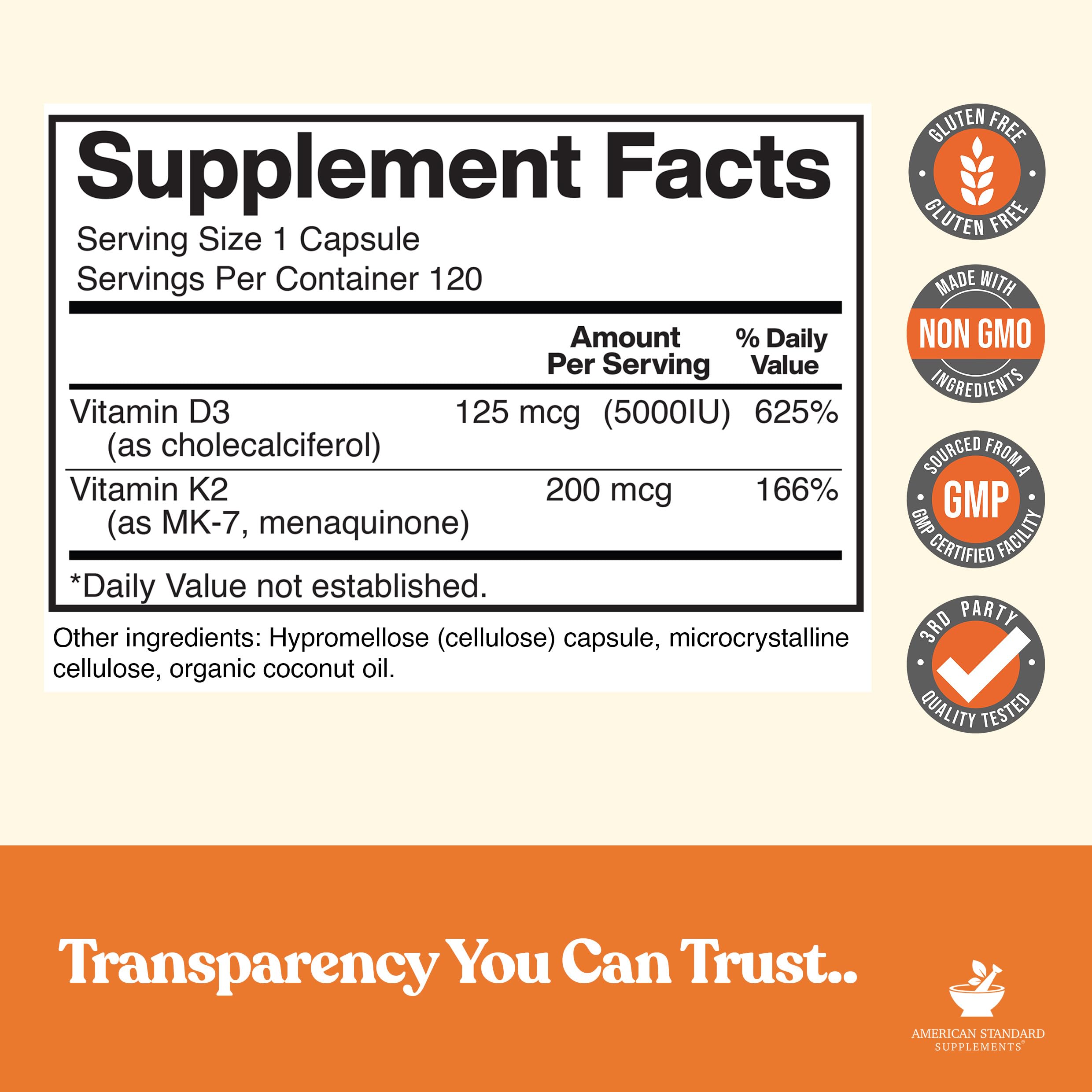 Close-up of American Standard Supplements Vitamin D3 and K2 capsule