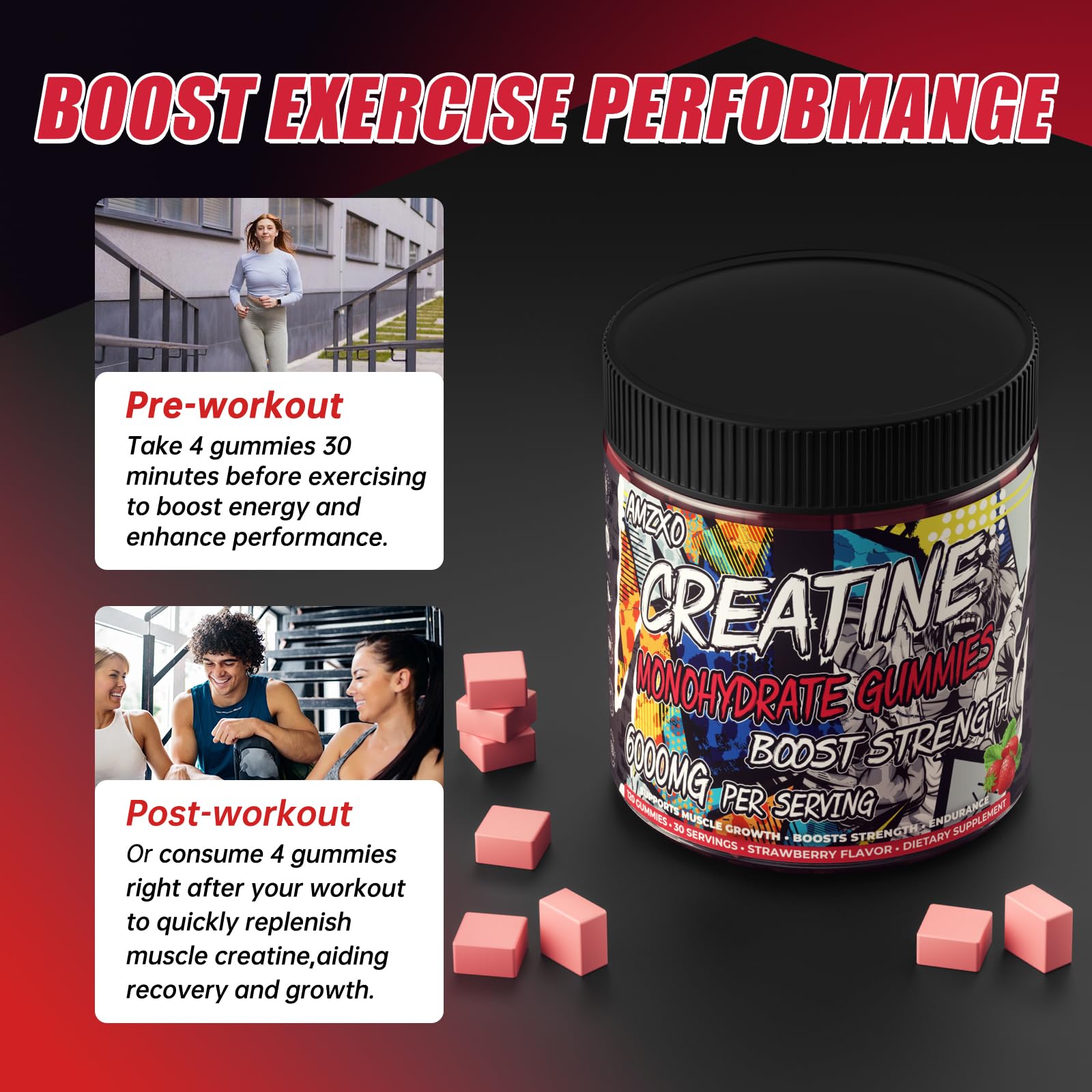 Close-up of AMZXO Creatine Monohydrate Gummies with Vitamin B12