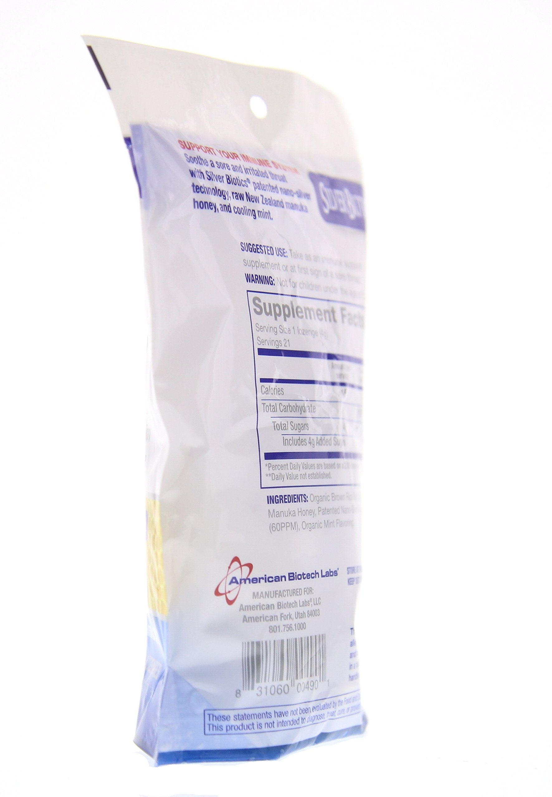 Close-up of an American Biotech Labs Silver Biotics Lozenge