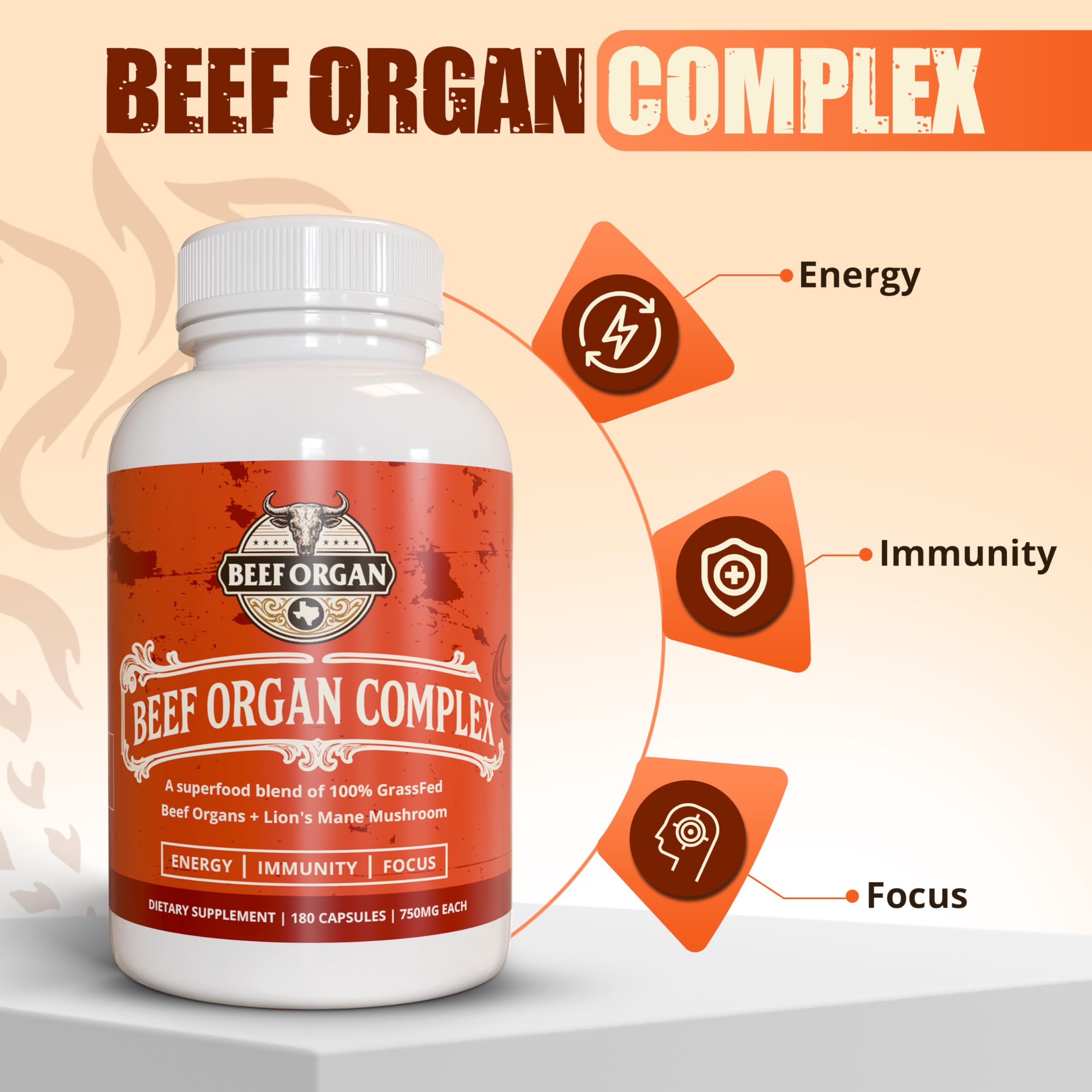 Close-up of ANCIENT DIOSA Beef Organ Complex Capsules showing label