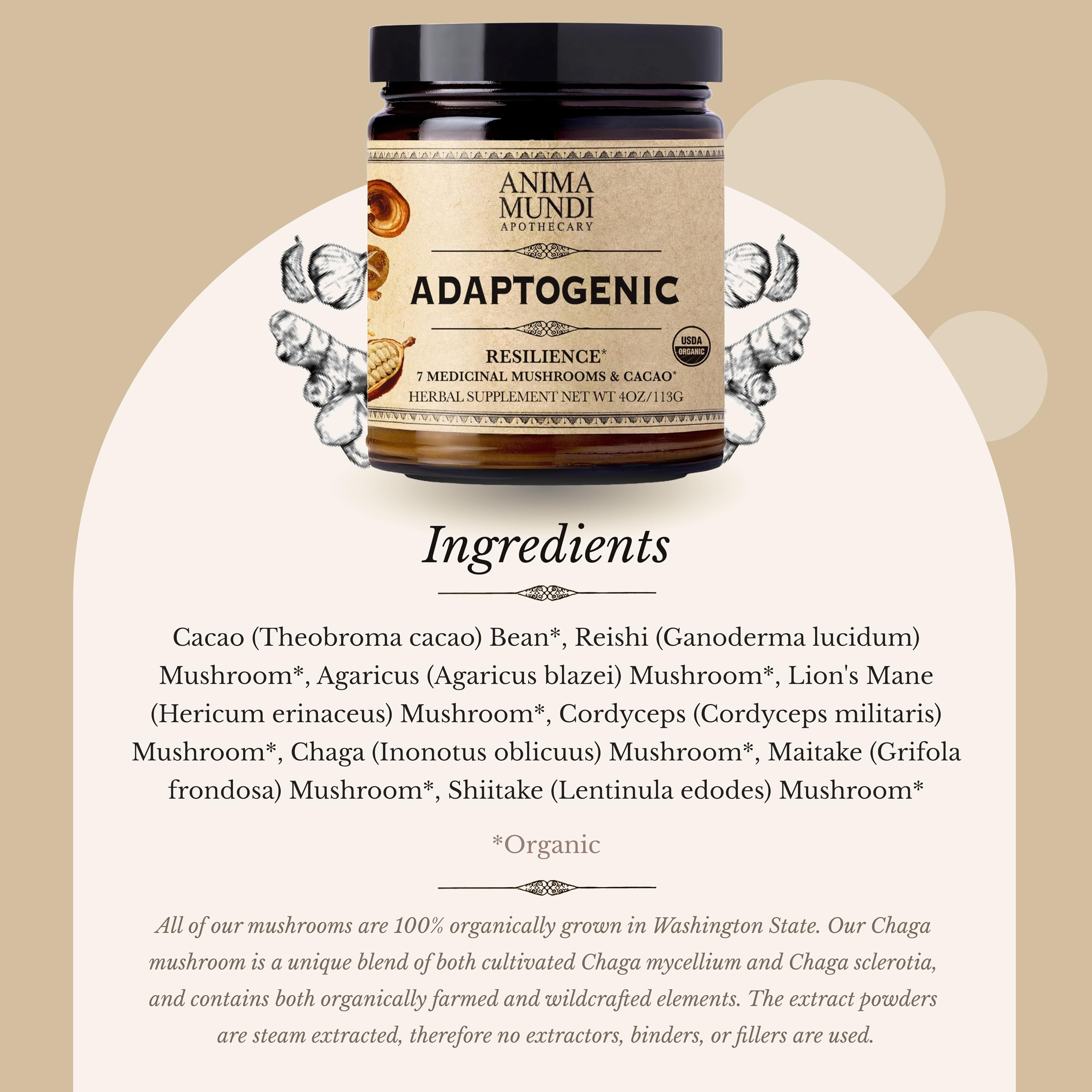 Close-up of Anima Mundi Apothecary Adaptogenic Mushroom Tonic ingredients
