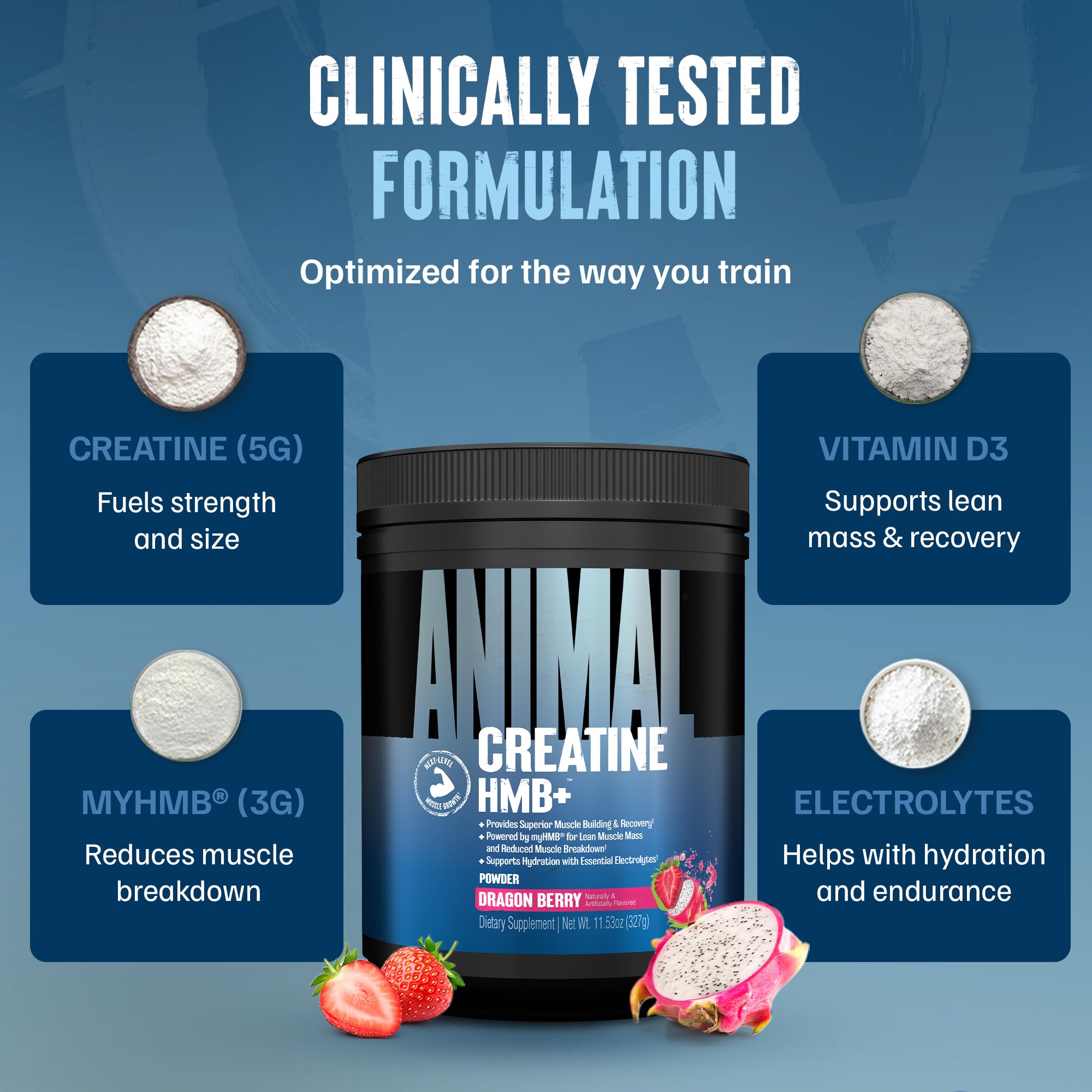 Close-up of Animal Creatine HMB+ ingredients list