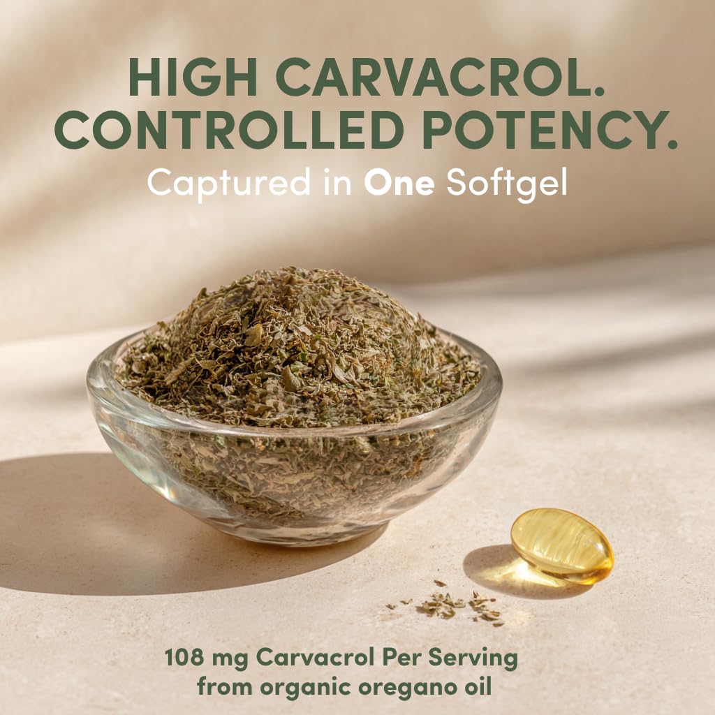 Close-up of AROMAVITA Oregano Oil Softgels showing capsule details