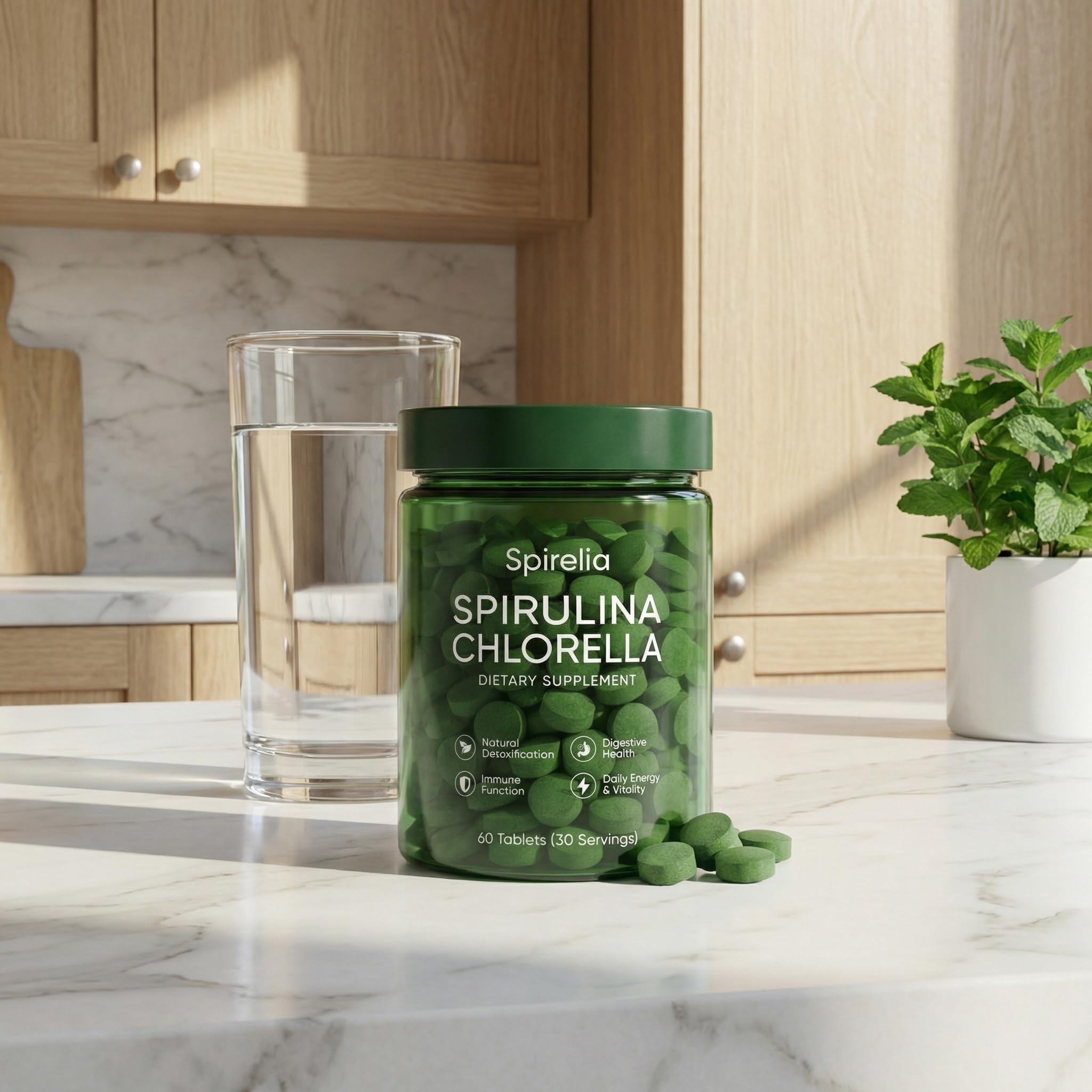 Close-up of Art anime Chlorella & Spirulina Tablets showing tablet size
