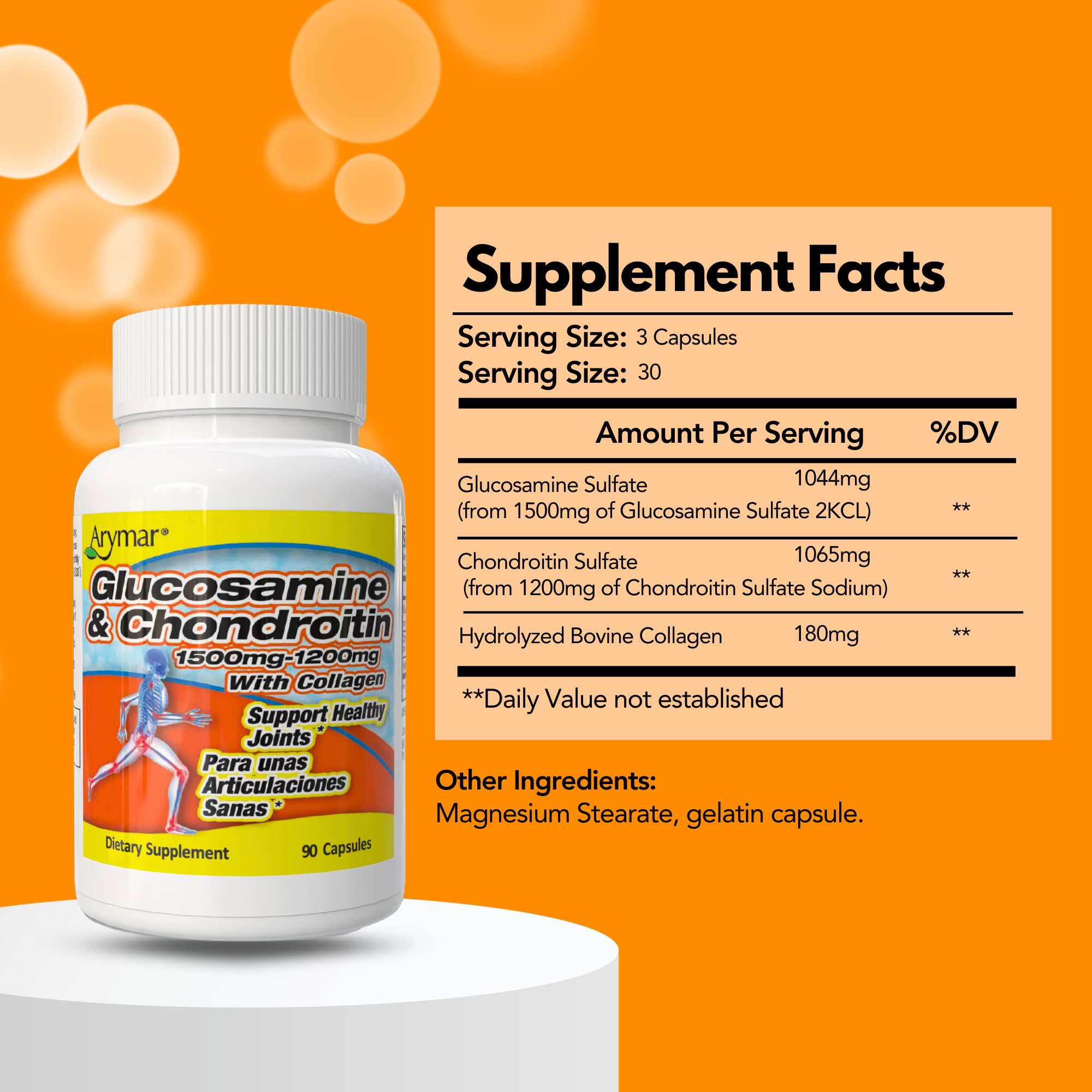 Close-up of Arymar Glucosamine and Chondroitin capsules