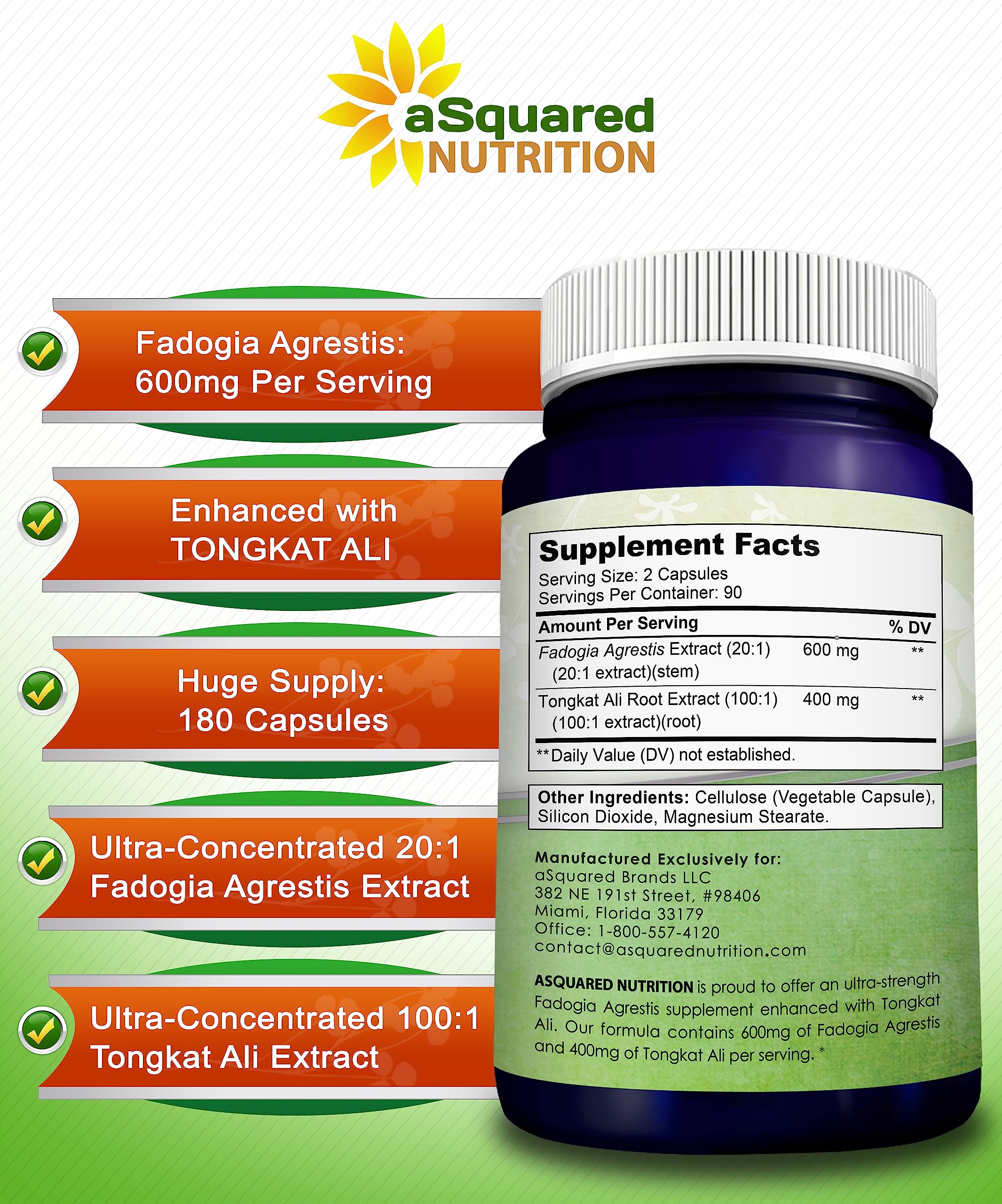 Close-up of aSquared Nutrition Fadogia Agrestis + Tongkat Ali capsules
