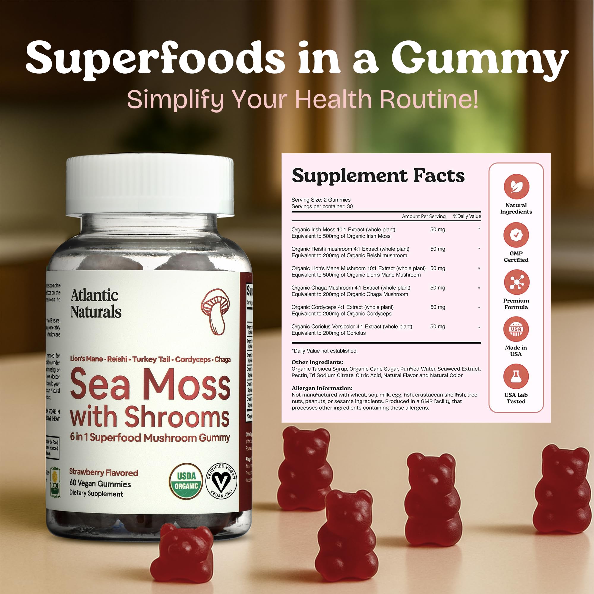 Close-up of Atlantic Naturals Sea Moss Gummies strawberry flavour