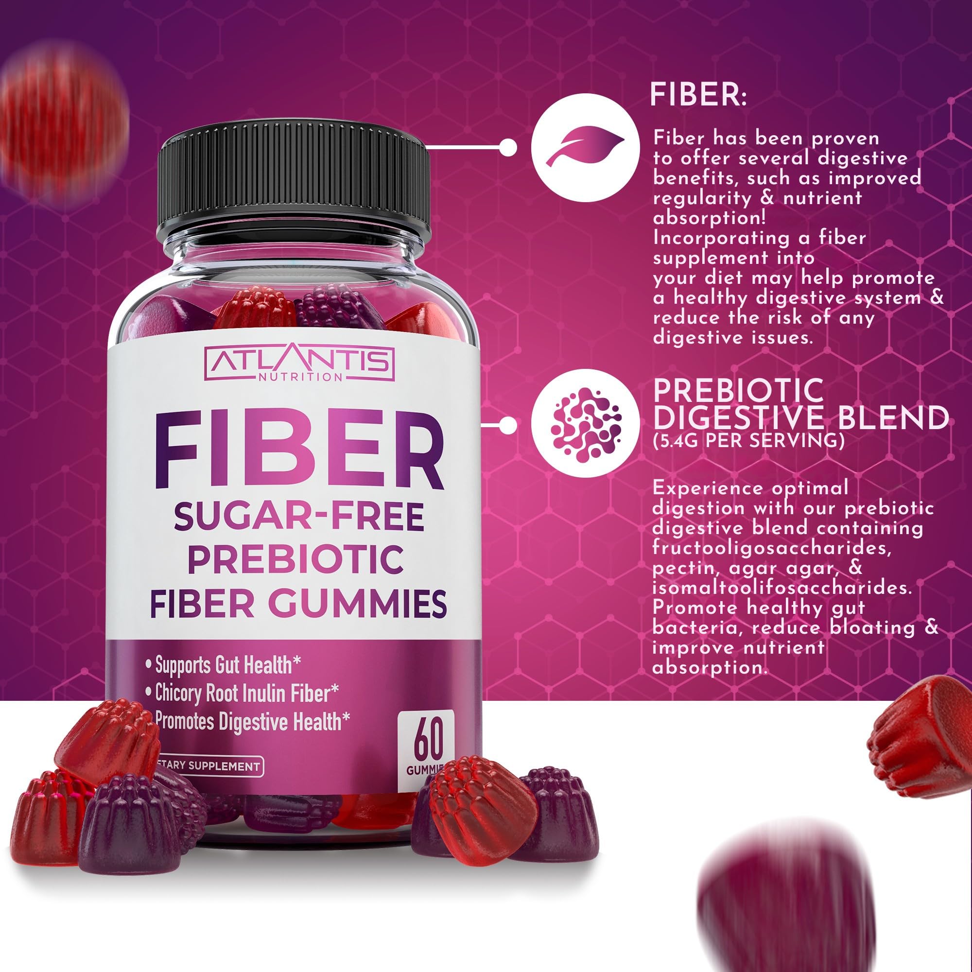 Close-up of Atlantis Nutrition Fiber Gummies showing two gummies
